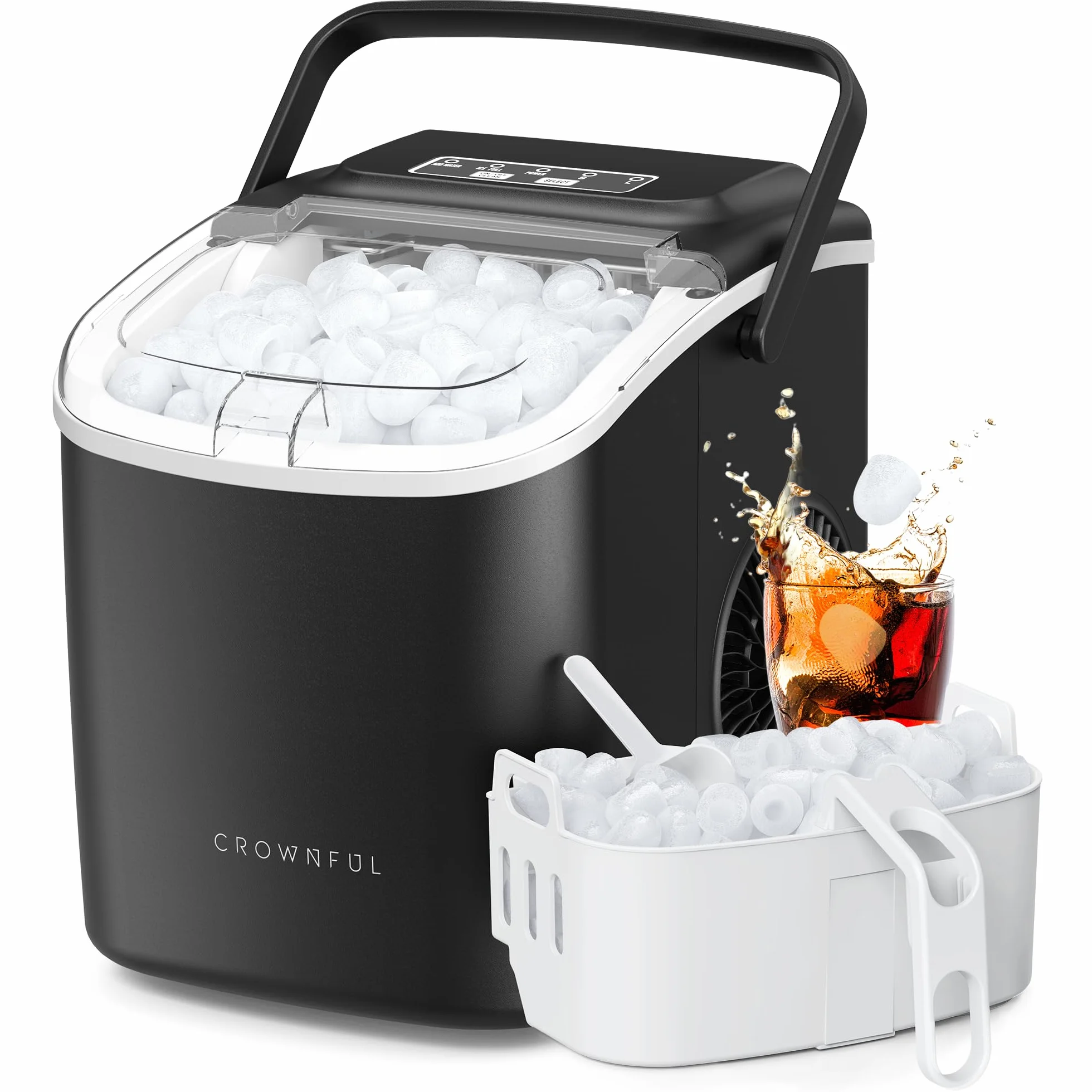 CROWNFUL - Máquina de hielo portátil con asa, pala y cesta, 9 cubitos de hielo en 6 minutos, 12 kg/24h, ideal para hogar, cocina, oficina, bar, fiesta (Negro)