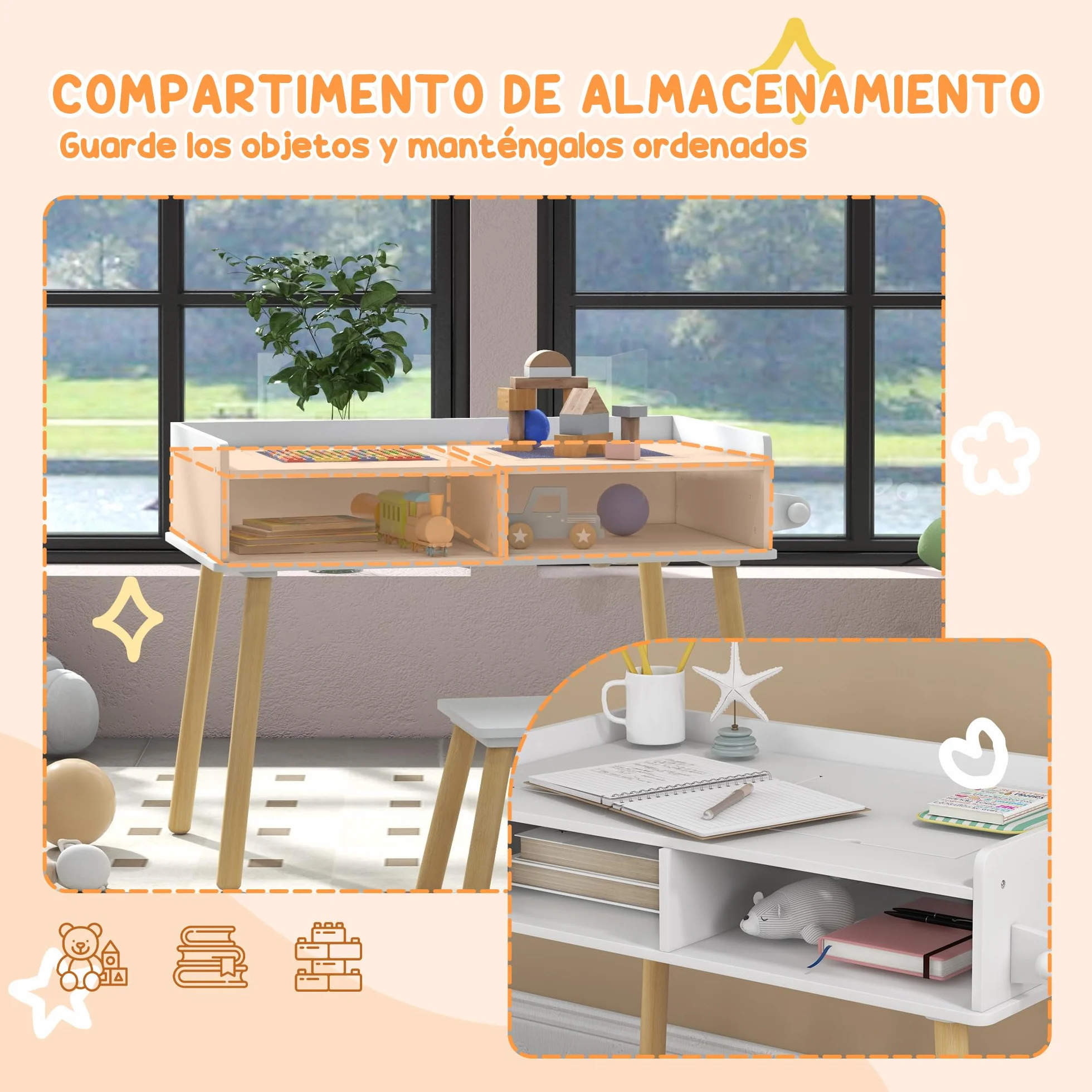 HOMCOM Juego de Mesa y Silla Infantil con Tablero de Bloques y Rollo de Papel Blanco