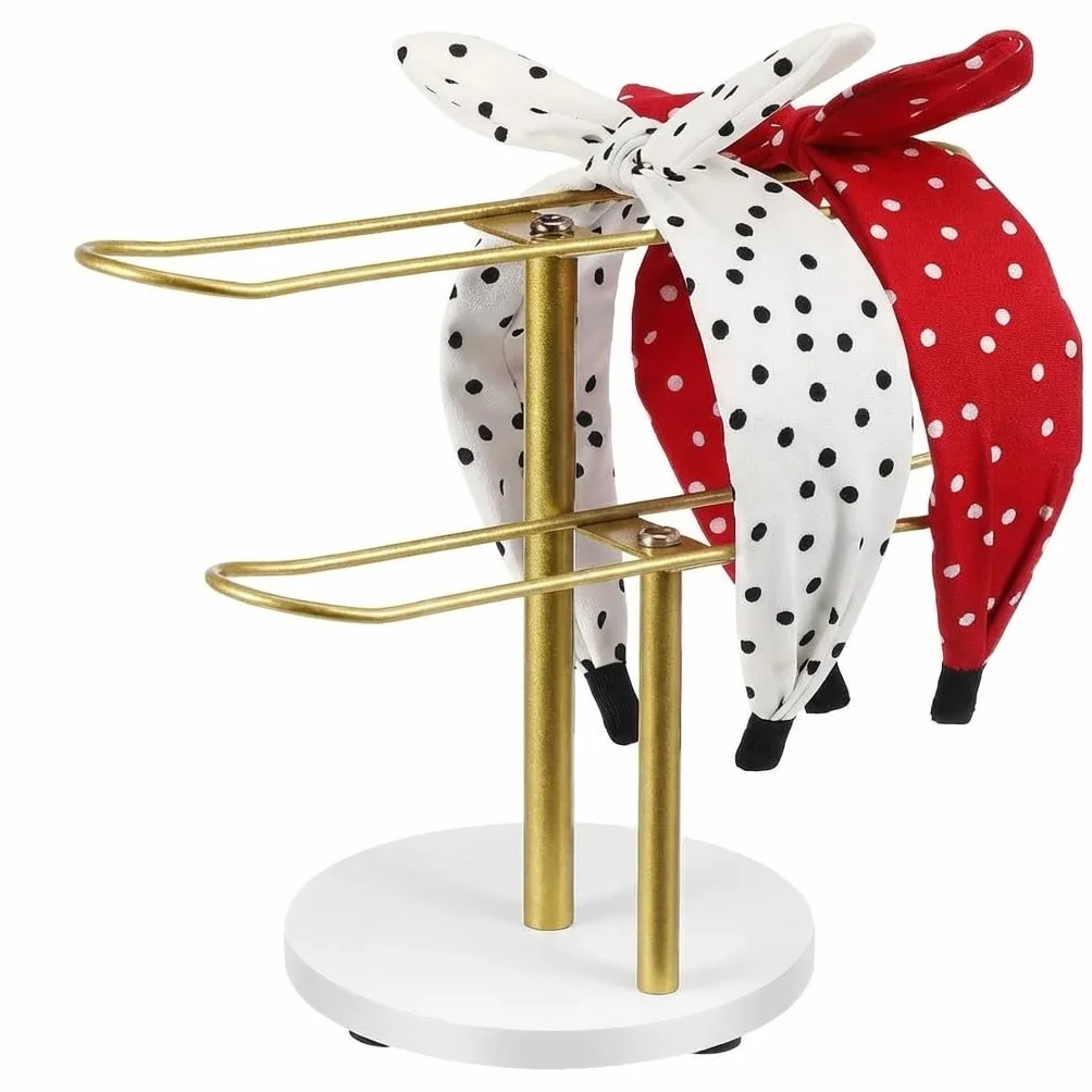 Organizador de Diadema de Metal, Expositor para Diademas de 2 Niveles, Organizador de Accesorios para el Cabello con Base Estable, para Guardar Diademas, Pulseras, Collares y Relojes, Dorado