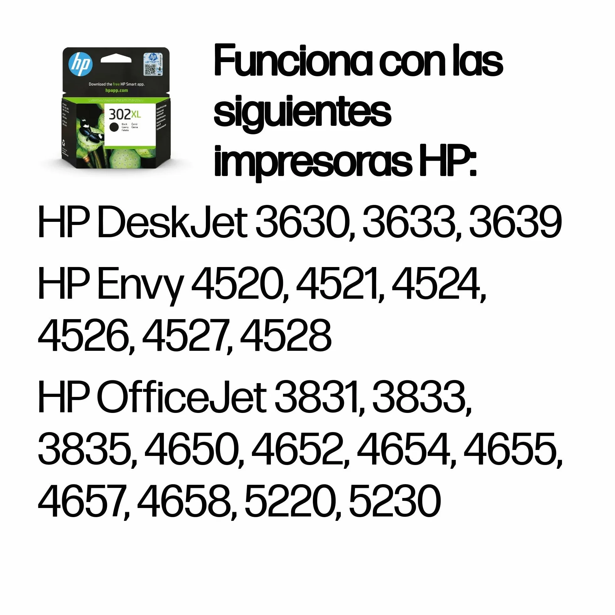 HP 302XL F6U68AE Cartucho de Tinta Original Negro Alta Capacidad para DeskJet 1110 2130 3630 Envy 4520 OfficeJet 3830 4650 5220 5230