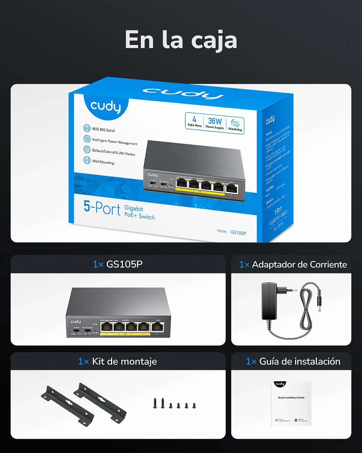 Cudy GS105P - Interruptor PoE Gigabit de 5 Puertos, 4 PoE+ 36 W, Montaje en Escritorio/Pared, Plug and Play, Puertos de Metal Resistente/Blindados, Optimización del Tráfico