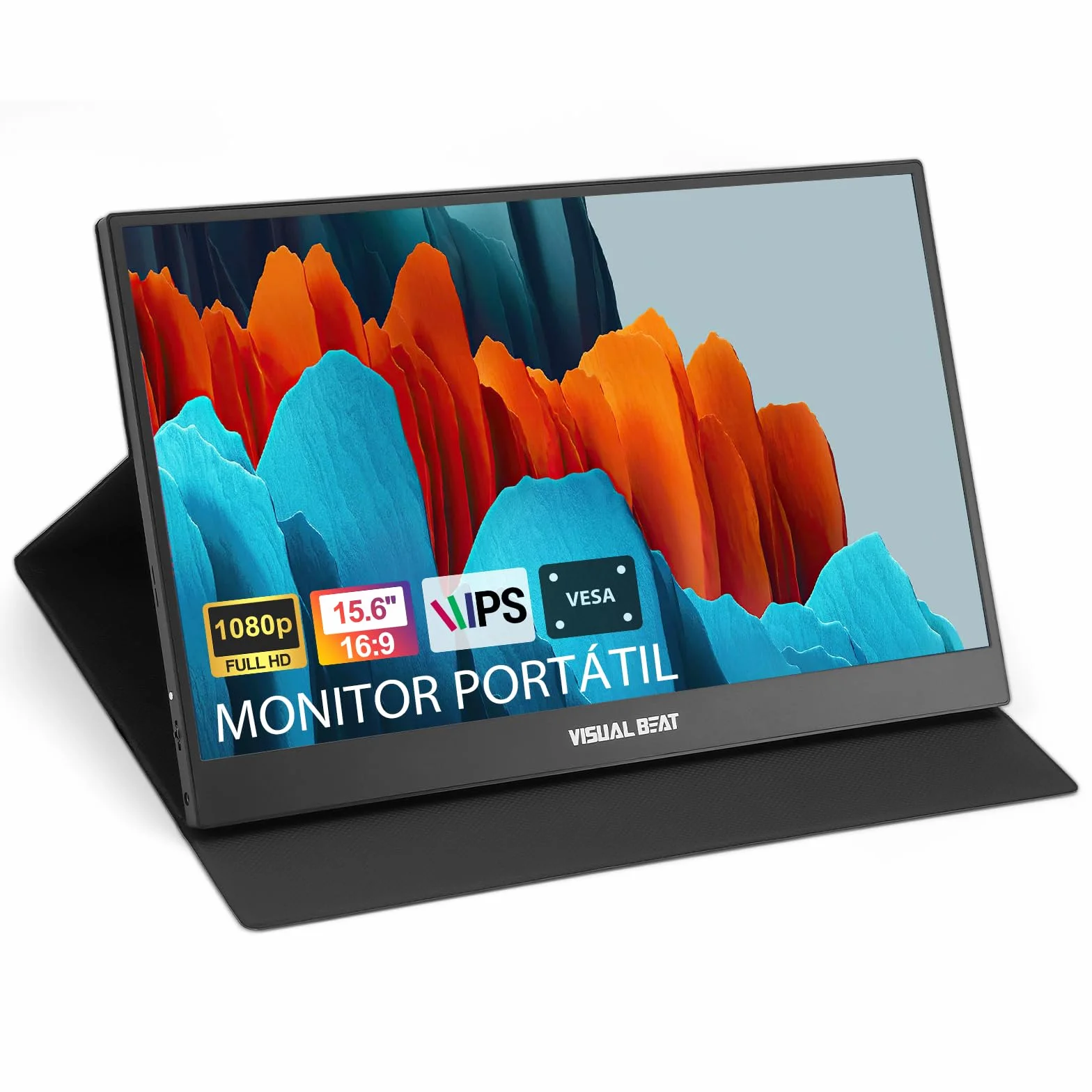 Visual Beat Monitor Portátil 15,6" Full HD 1080P, IPS 100% sRGB, USB-C y HDMI, Funda Soporte, VESA, para Portátil, PC, Mac, PS5, Xbox y Switch