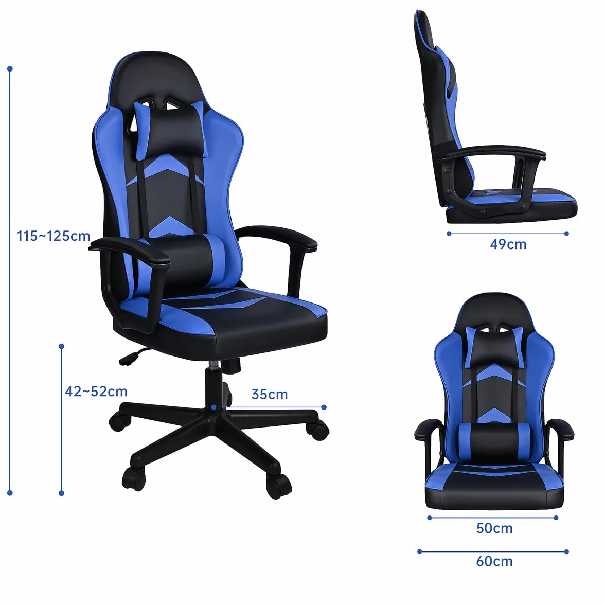 Silla Gaming Ergonómica Reclinable con Cojín Lumbar y Cervical Respaldo Alto Acolchado Altura Ajustable Ruedas Giratorias 360° Reposabrazos