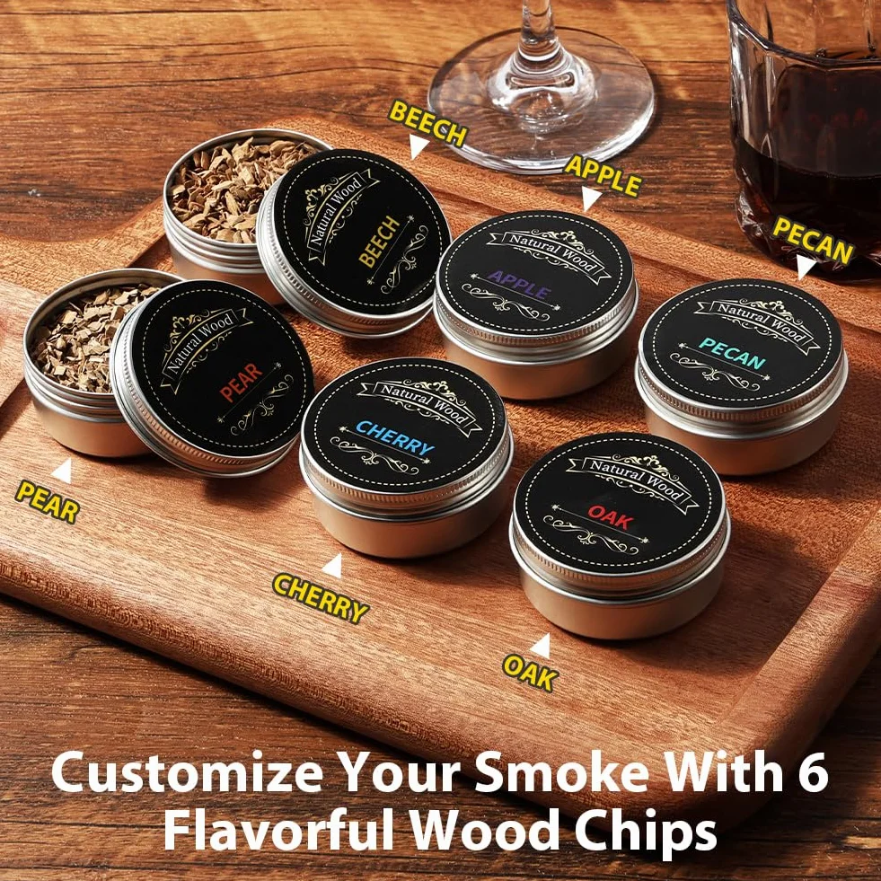 Ahumador de Whisky Eléctrico Portátil, Kit Ahumador para Cócteles Recargable con 6 Virutas de Madera
