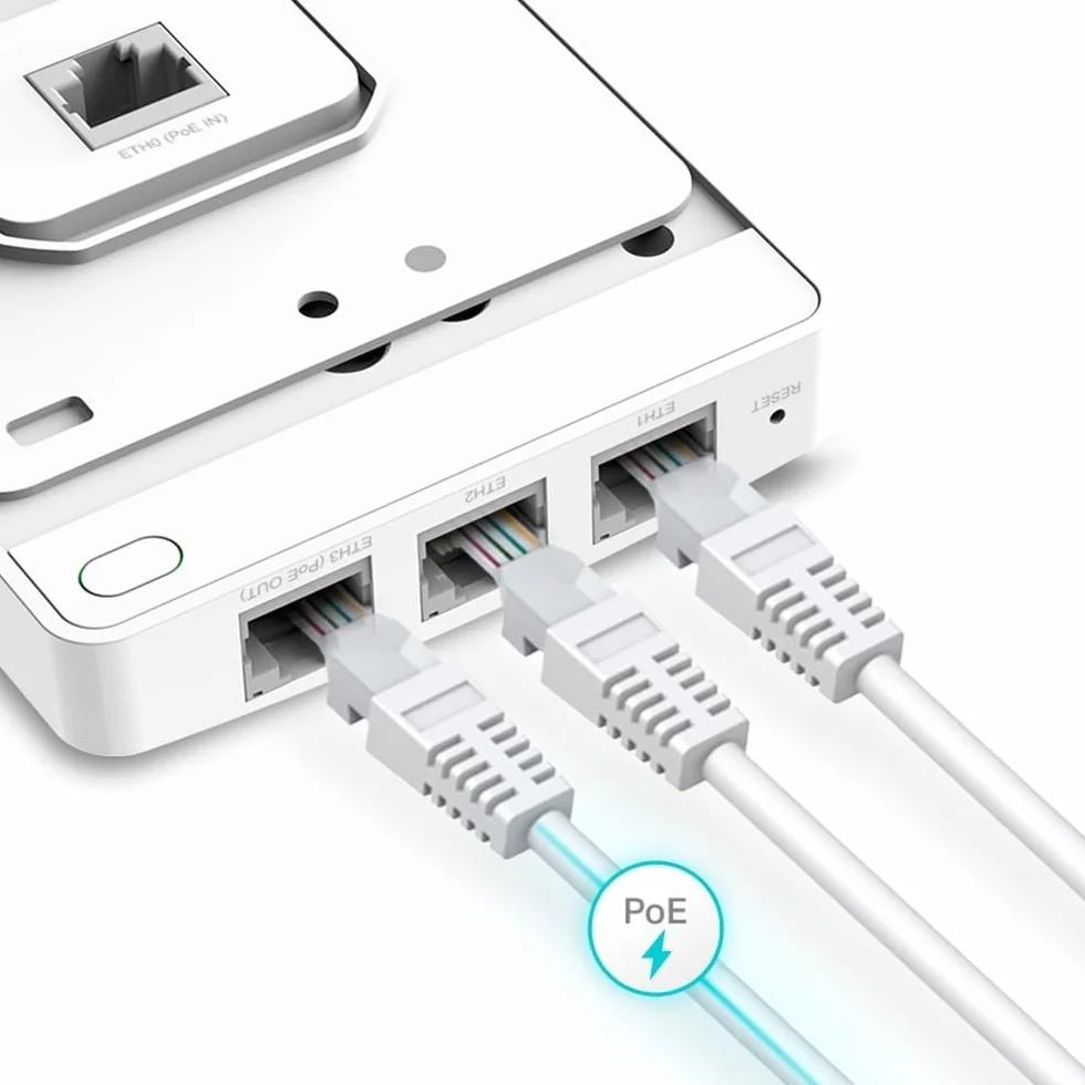 TP-Link EAP615-Wall – Punto de Acceso WiFi 6 AX1800 de Pared, 4 Puertos Gigabit (1 Uplink + 3 Downlink con PoE Passthrough), Gestión Centralizada Omada SDN