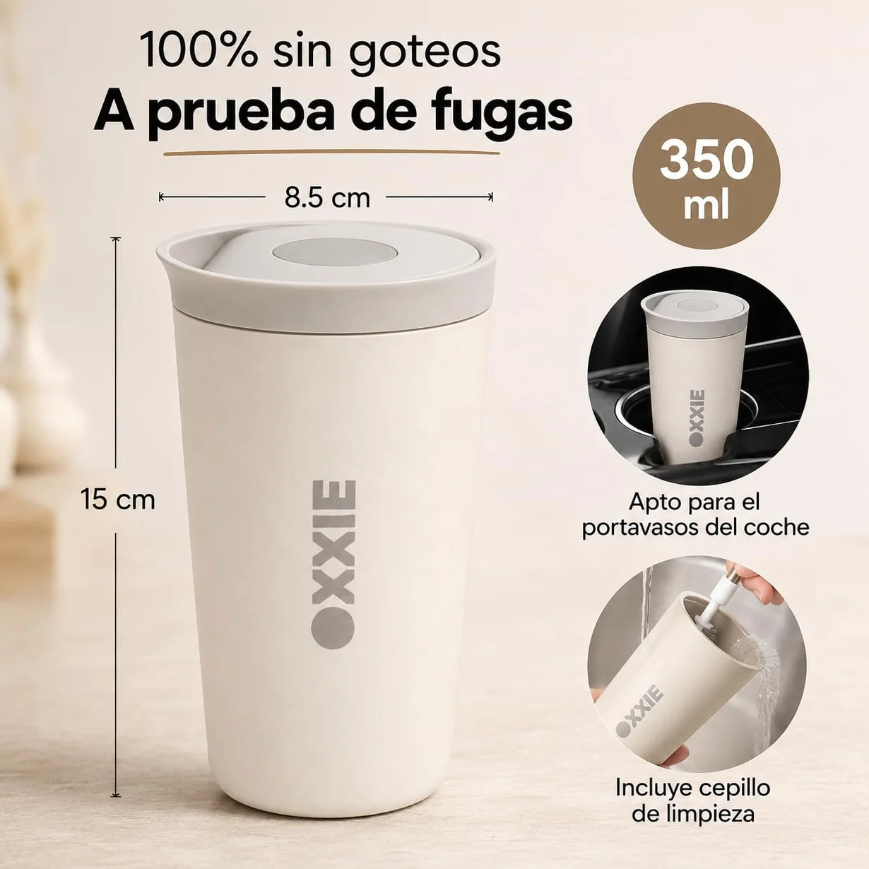 Vaso Termo Cafe 350ml Acero Inoxidable Doble Pared Taza Termica con Tapa Hermetica Reutilizable Antigoteo Beige