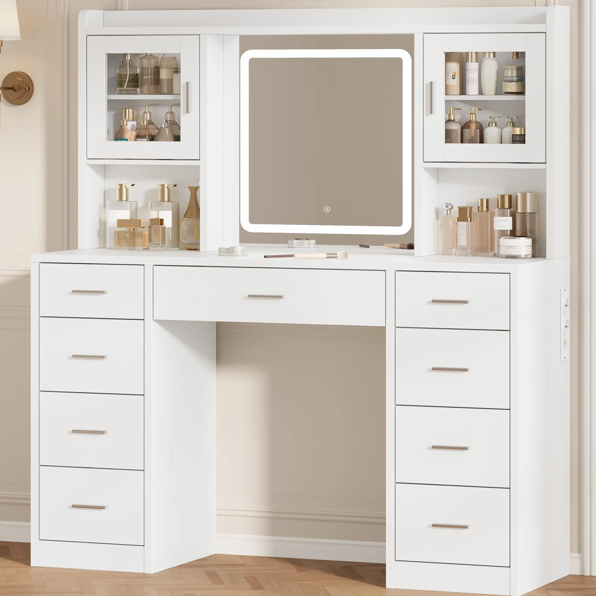 Tocador de Maquillaje con Luces LED Regulables, Mesa con Espejo, 2 Armarios Puertas Cristal, Blanco, 9 Cajones
