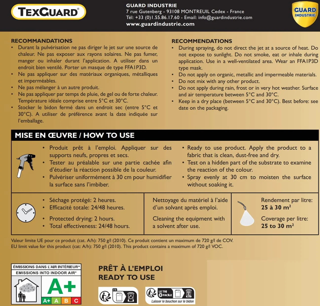 Guard Industrie TexGuard Impermeabilizante textil invisible repelente al agua aerosol 400 ml