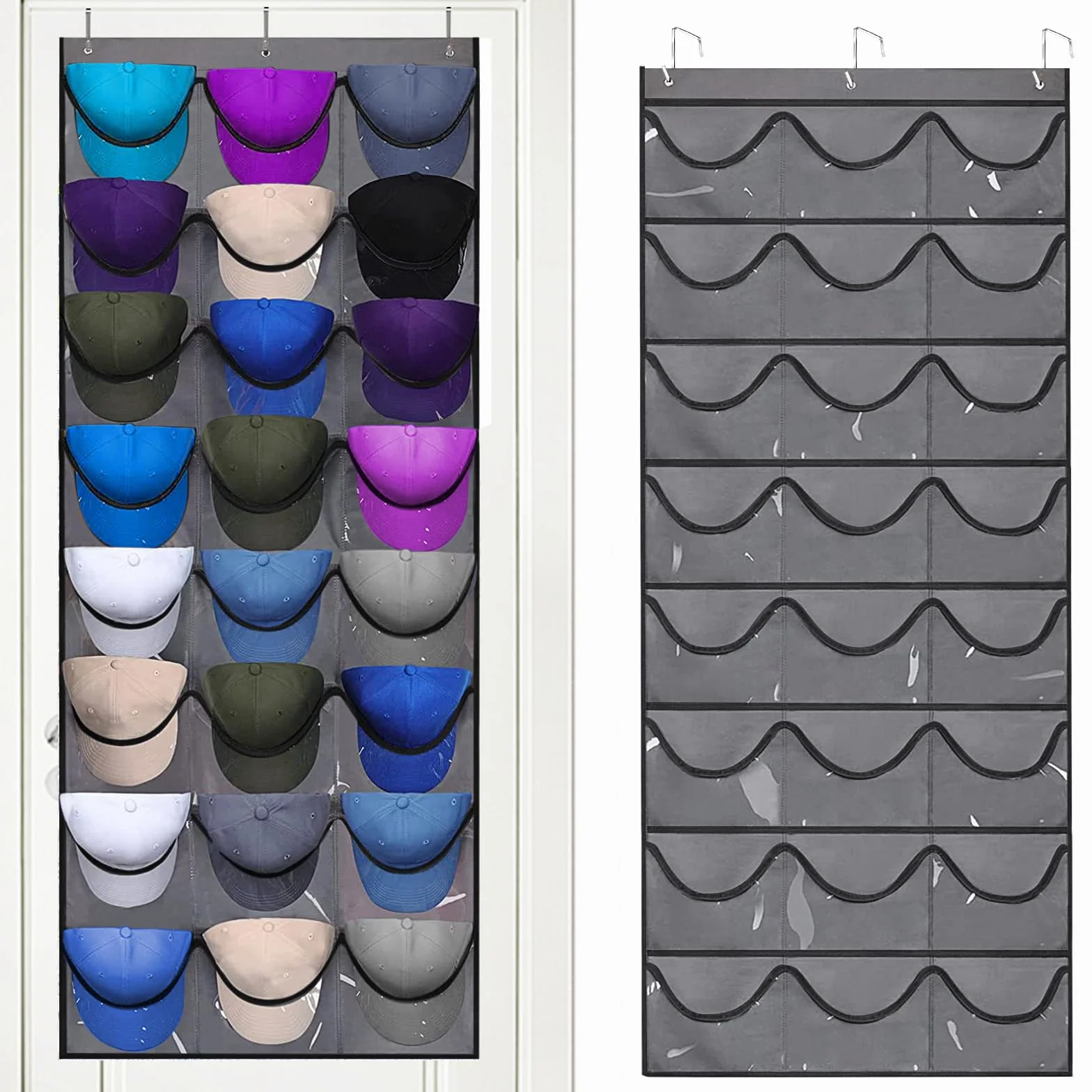 organizador de gorras,colgador gorras,soporte para gorra de béisbol con 24 bolsillos,exhibición de sombreros almacenamiento de gorras de béisbol,colgador de gorras para todo tipo de sombreros (Gris)