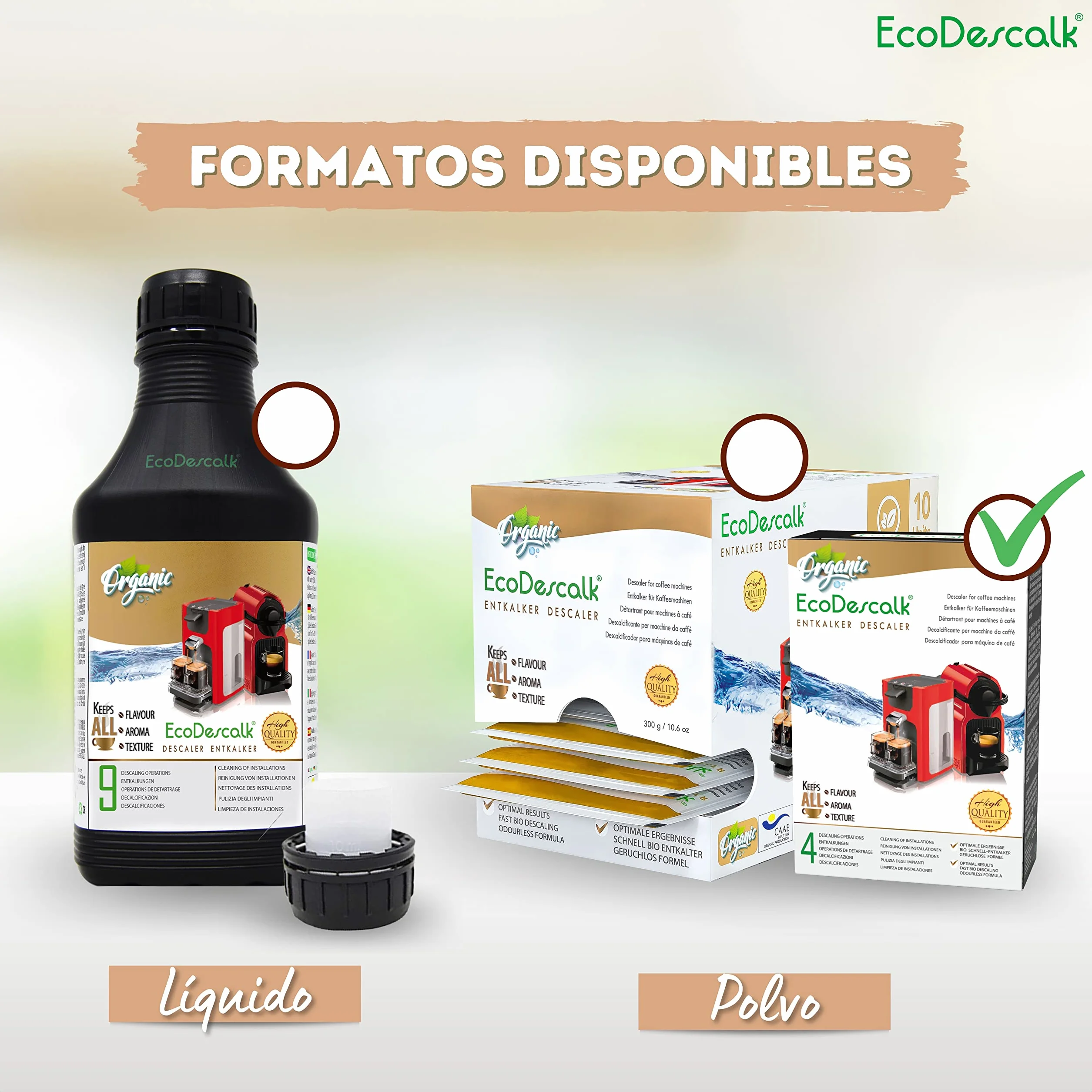 EcoDescalk Descalcificador Cafetera Ecológico 4 Sobres Compatible Nespresso Dolce Gusto Delonghi Tassimo