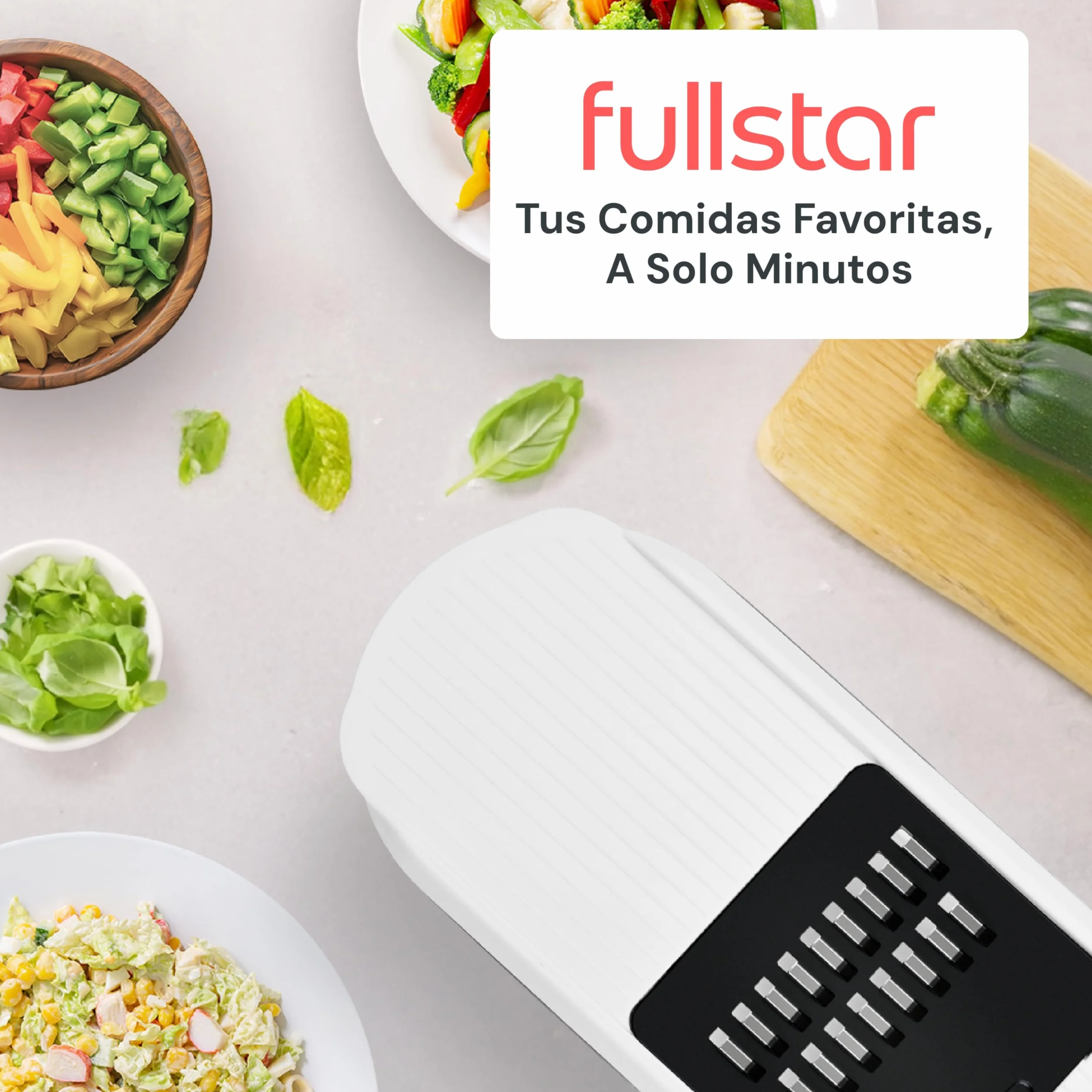 Fullstar Cortador de Verdura Mandolina Profesional 6-en-1 Blanco - Rallador Picadora Manual para Cebolla Pepino Patatas Queso