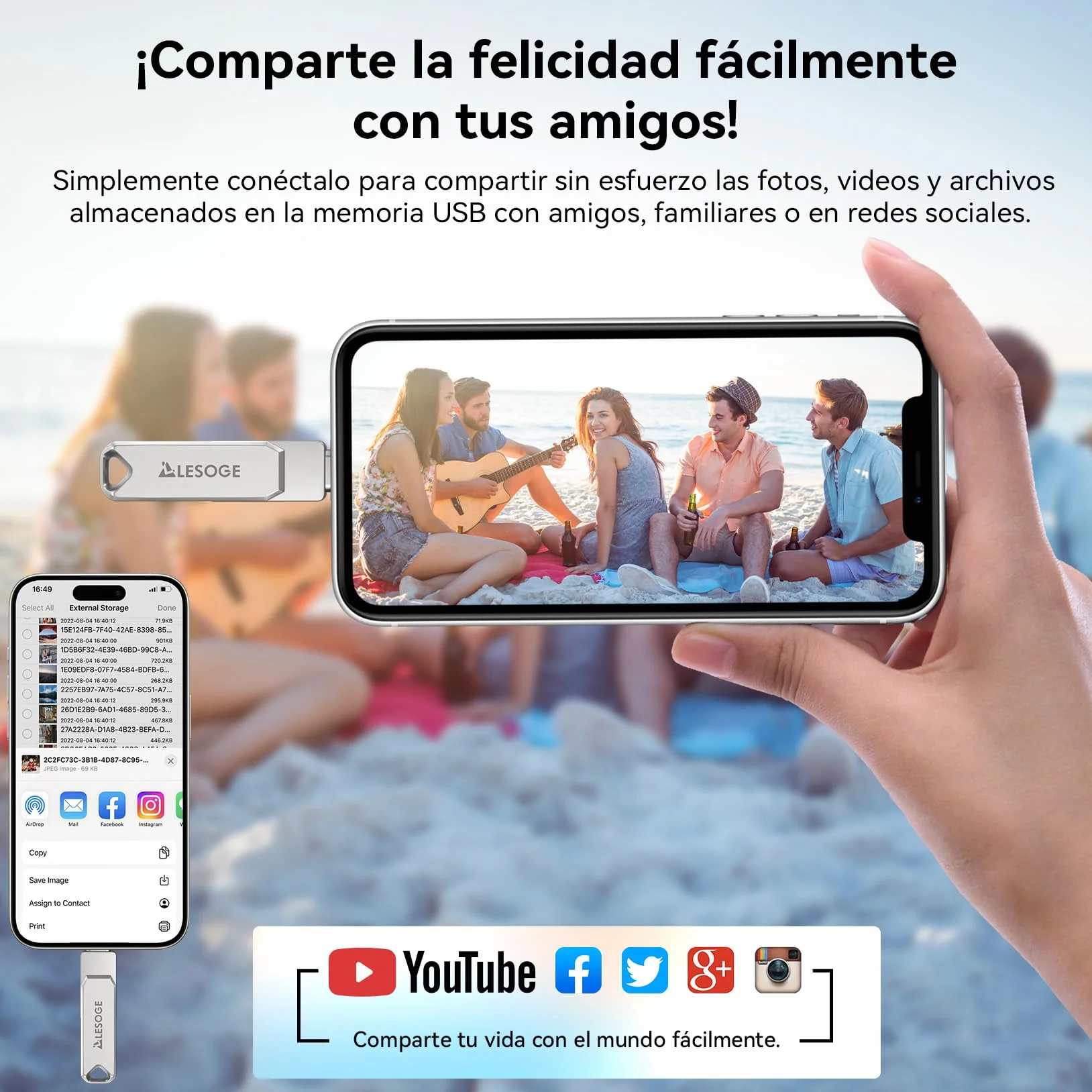MFi – Memoria USB C 256GB para iPhone y Android, Memoria Externa iPhone 3 en 1, Memoria USB 3.0, pendrive USB-C para Fotos y vídeos (Plata)