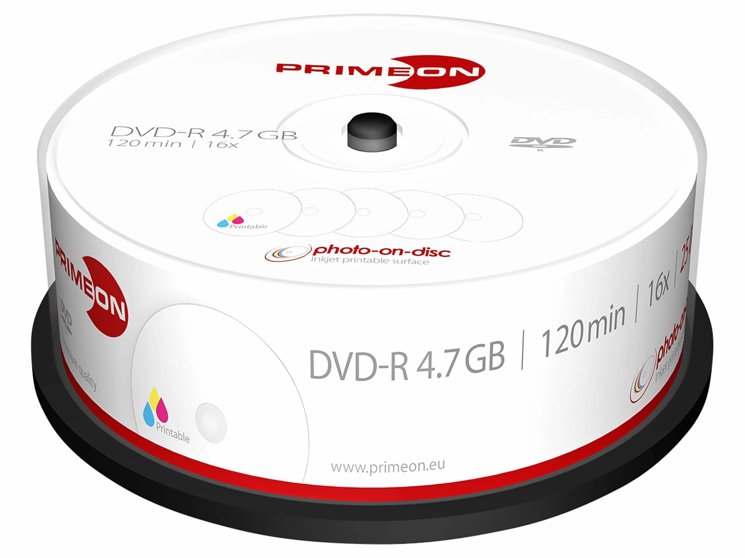MediaCom IT-Distribution GmbH Primeon 4,7 GB DVD-R / 120 Min / 16X Cakebox (25 Discos) Superficie Foto-On-Disco, De Tamaño Completo Imprimible por Chorro De Tinta