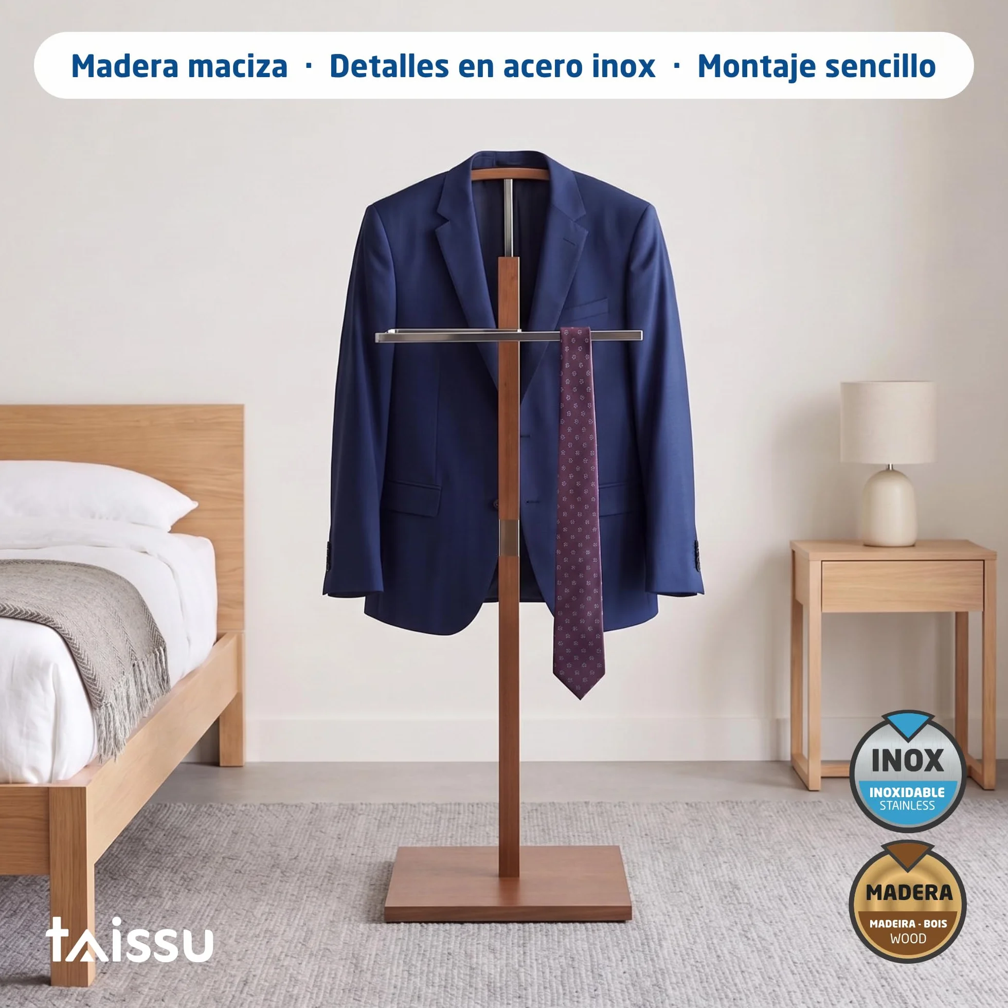 Perchero Galán de Noche Mod. VAREN Cromado y Madera 47x35x111 cm Acero Inoxidable