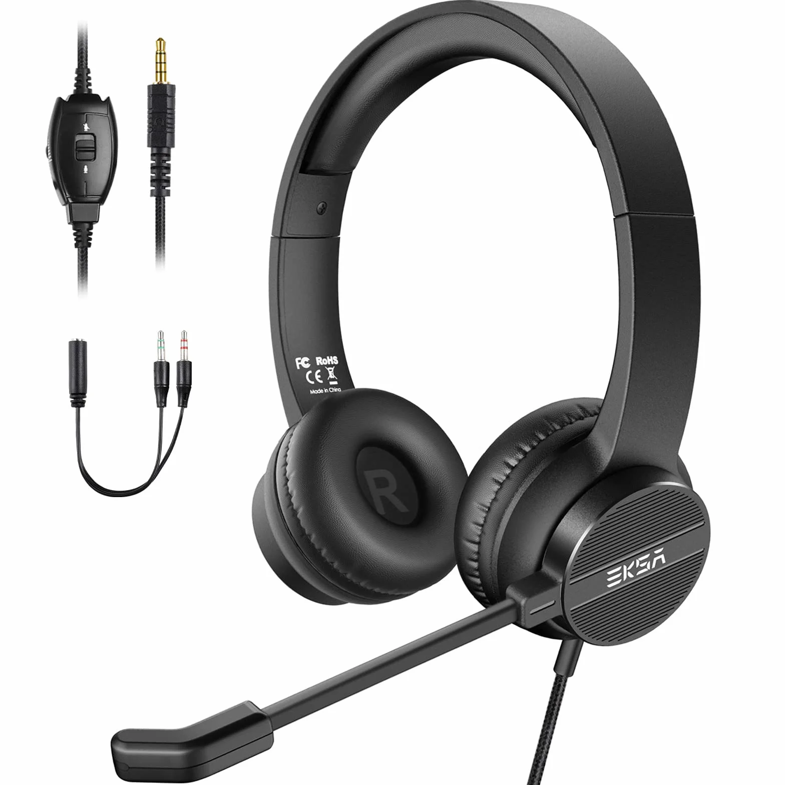 EKSA H12 PC Auriculares con Cable 3.5mm, Cascos con Microfono y Supresión de Ruido, Control de Silencio y Volumen, Sonido Estéreo, Portátil,Wired Headset Pare PC/Mac, Oficina, Call Center, Skype