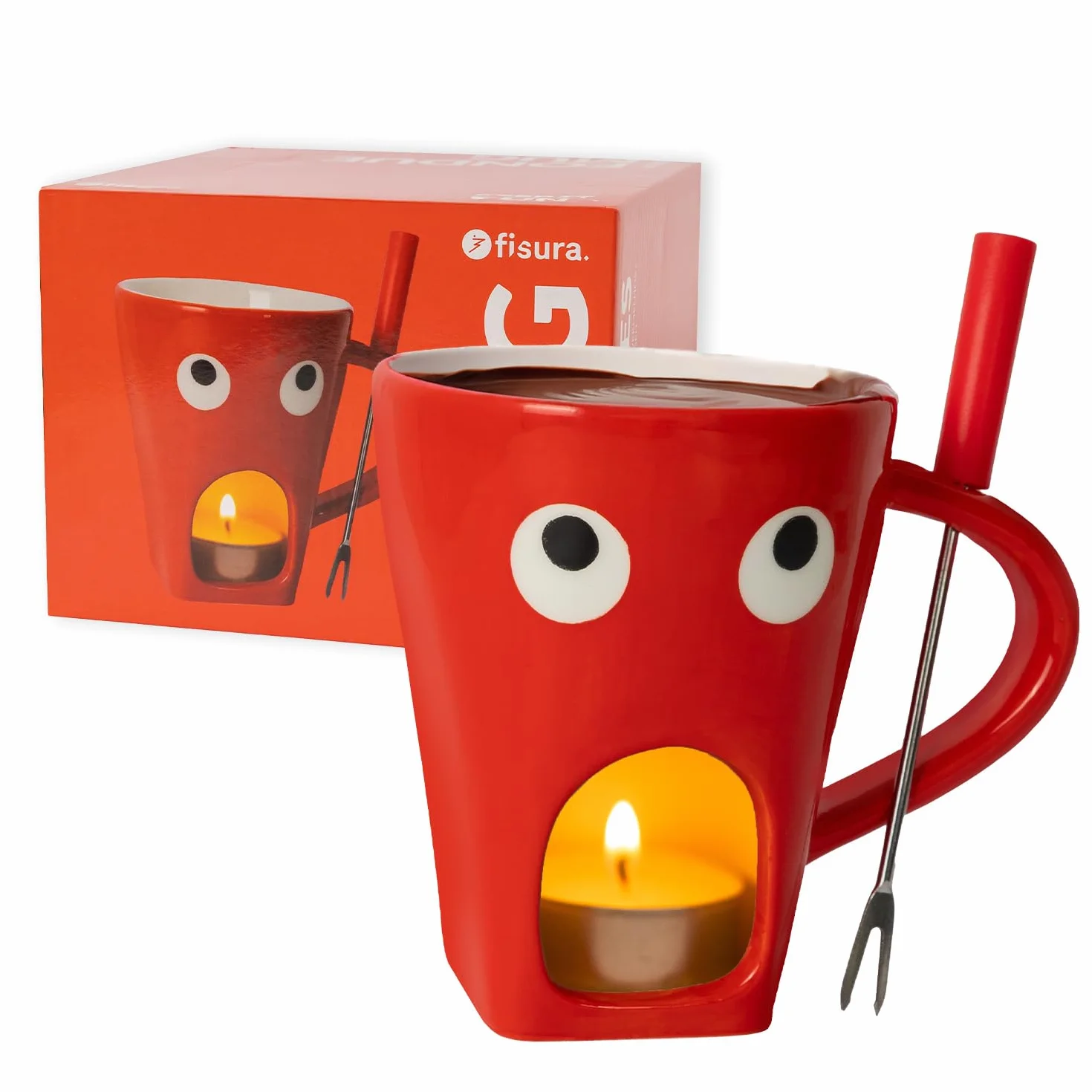 Fisura – Taza fondue chocolate original. Fondue de queso con taza y tenedor. Taza roja con estampado de ojos para fondue. Taza original para regalo. 140 mililitros