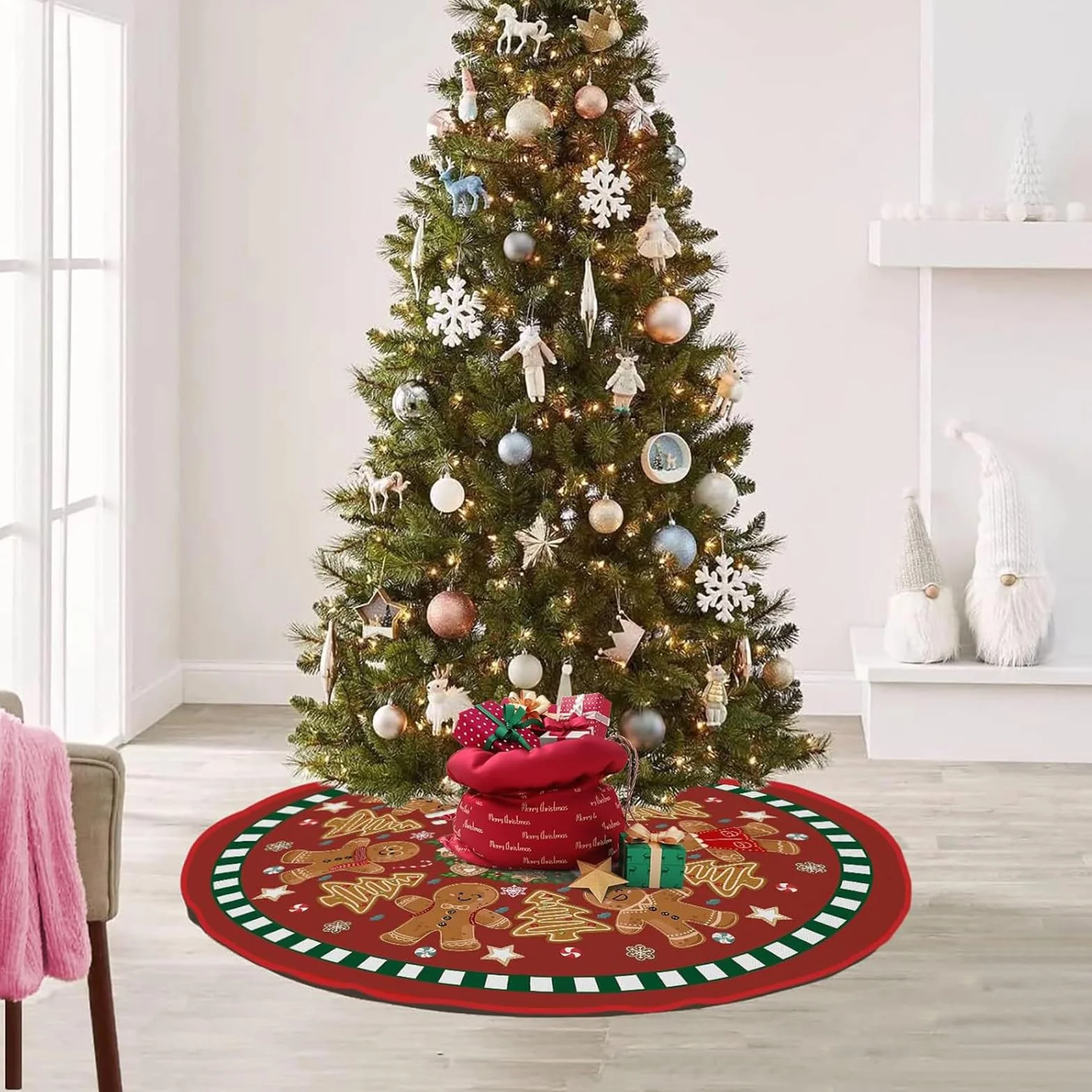 Falda de Árbol de Navidad 90cm Reno Redonda Base Manta Pie Decoración Muñecos de Jengibre