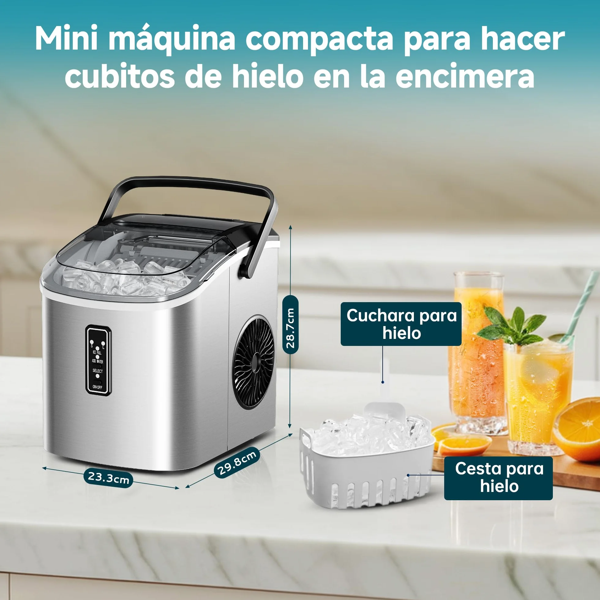 EUHOMY Máquina de Hielo 12Kg/24H 2 Tamaños de Hielo Autolimpiable con Asa y Cesta Plata