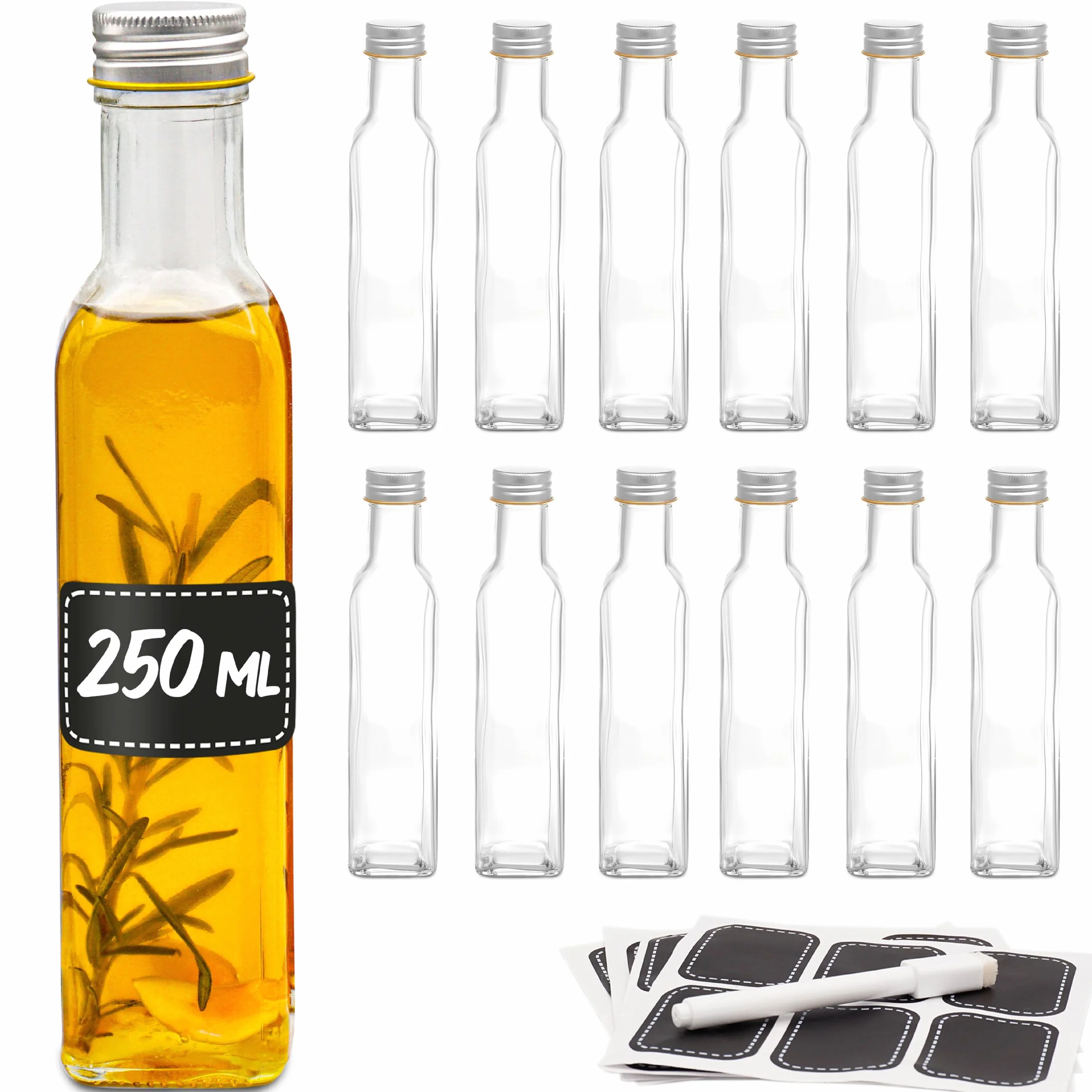 Praknu 12 Botellas Cristal 250ml con Tapón Rosca Hermético - Botella Vidrio para Licores Caseros, Aceite & Cerveza Artesanal