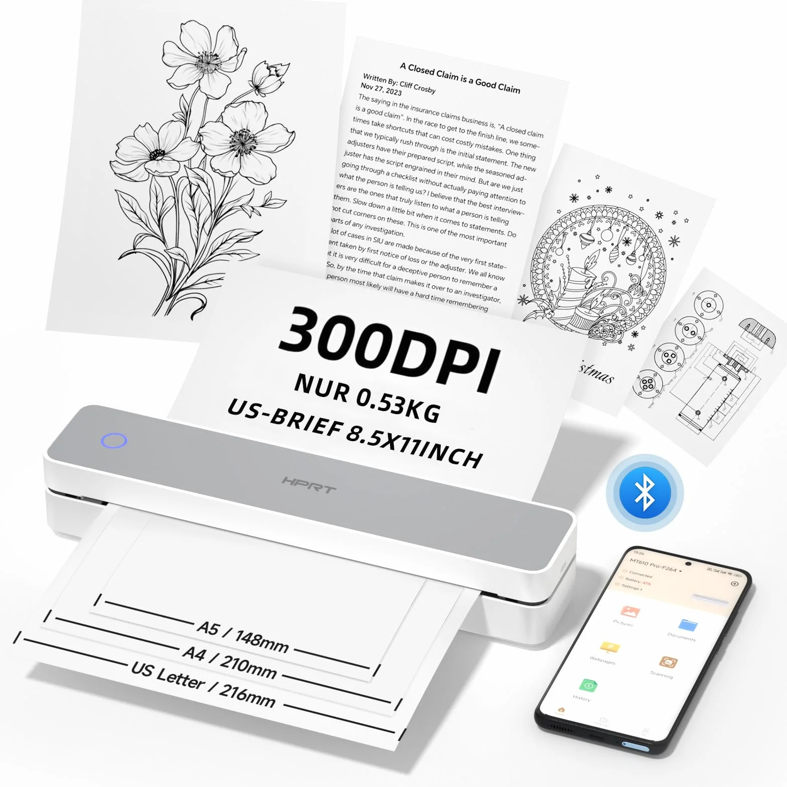 HPRT impresora portátil inalámbrica para viajes, apoya papel A4 | Impresora térmica Bluetooth compatible con iOS, Android y portátil, móvil sin tinta, para oficina, escuela, blanco/gris