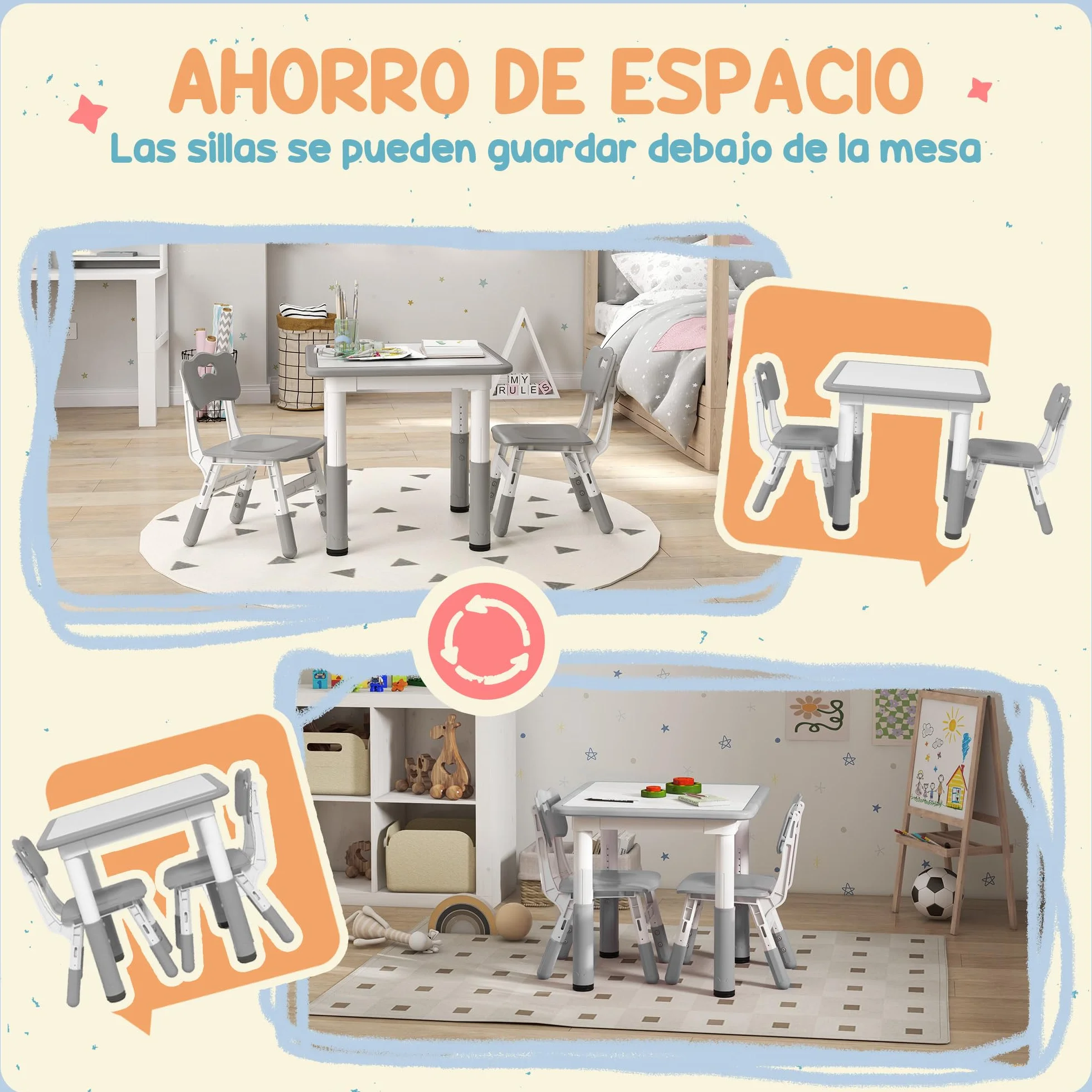 AIYAPLAY Mesa y Sillas Infantiles de 3 Piezas Altura Ajustable para Niños 18 Meses-5 Años Blanco y Gris
