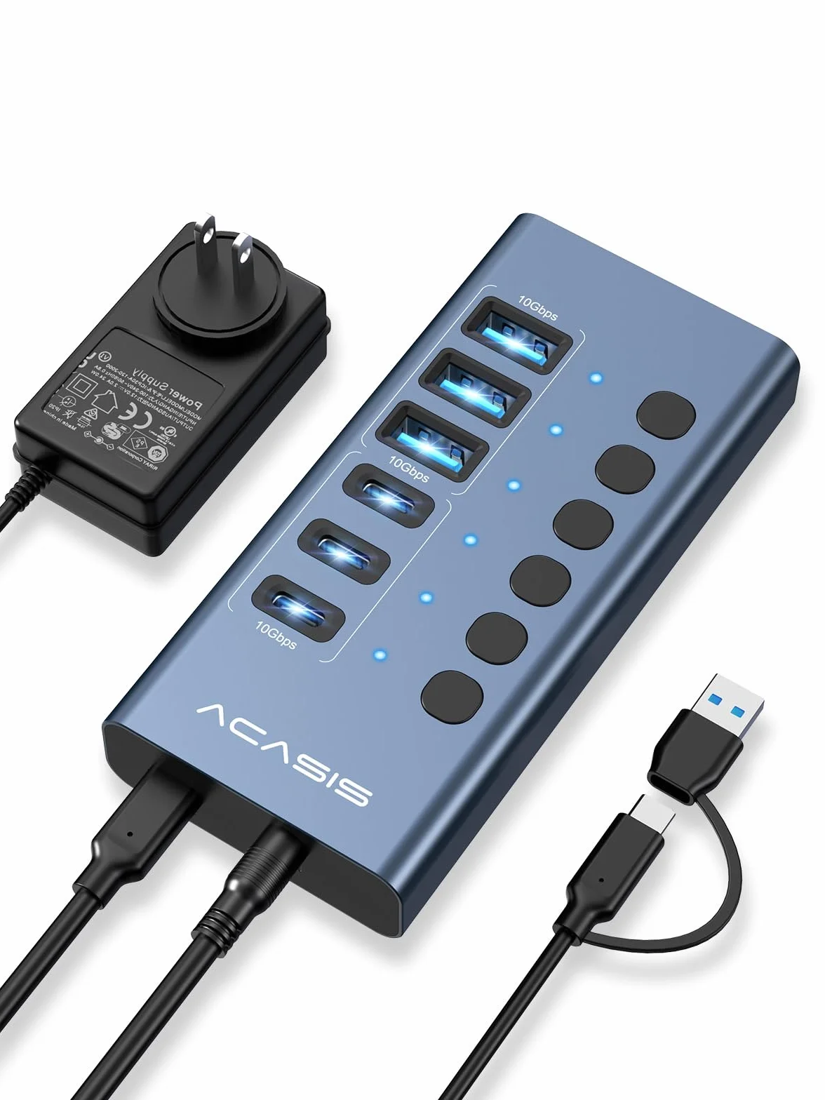 Hub USB 3.2 alimentado, ACASIS 6 puertos USB 3.2 (3 puertos USB-A 3.2 + 3 puertos USB-C 3.2), concentrador USB de aluminio alimentado con adaptador de corriente de 48 W, concentrador USB para PC