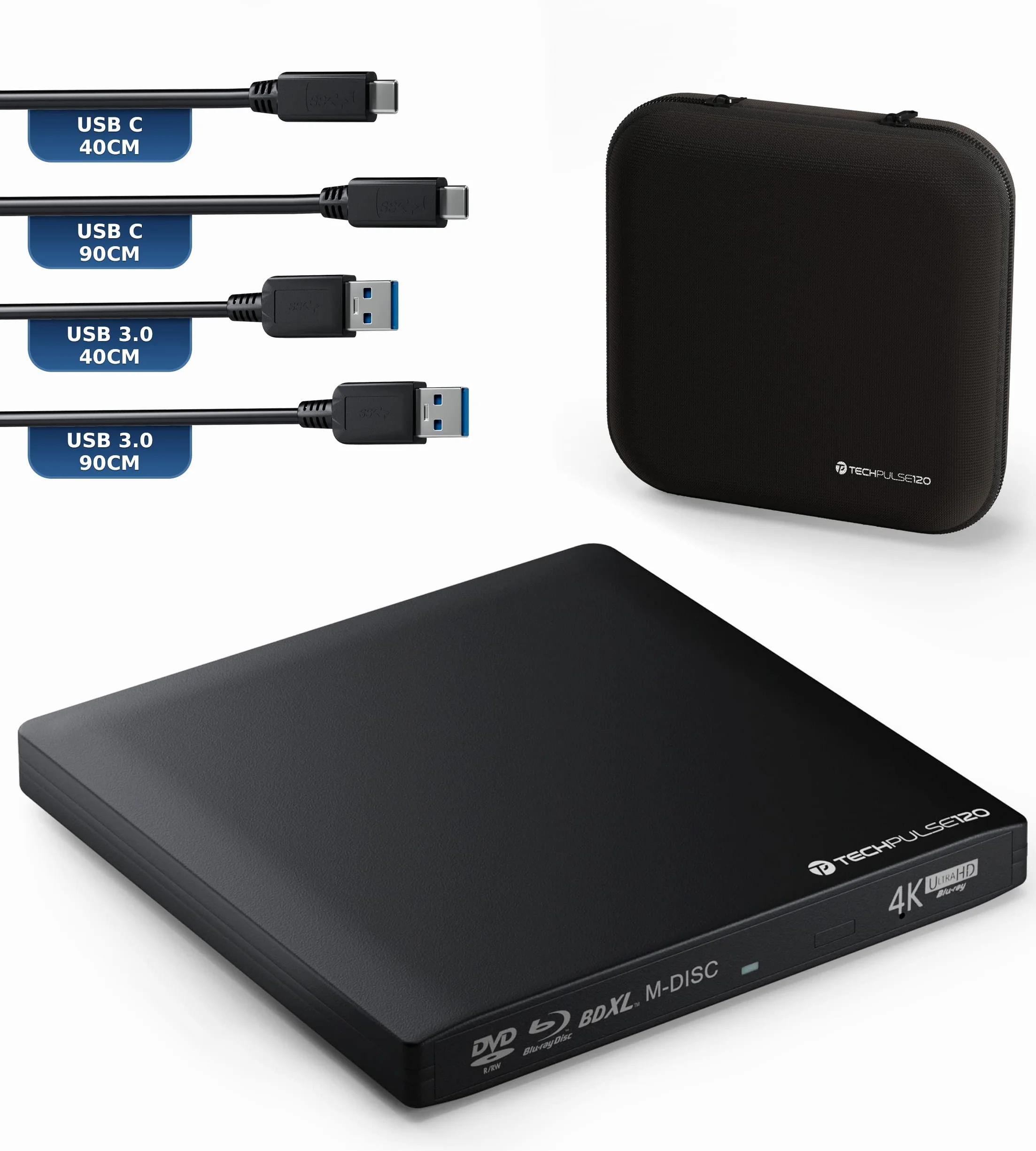 techPulse120 Grabadora de 4K UHD BLU-Ray Externa USB 3.1 USB-C Deluxe Paquete Reproductor Aluminio Negro