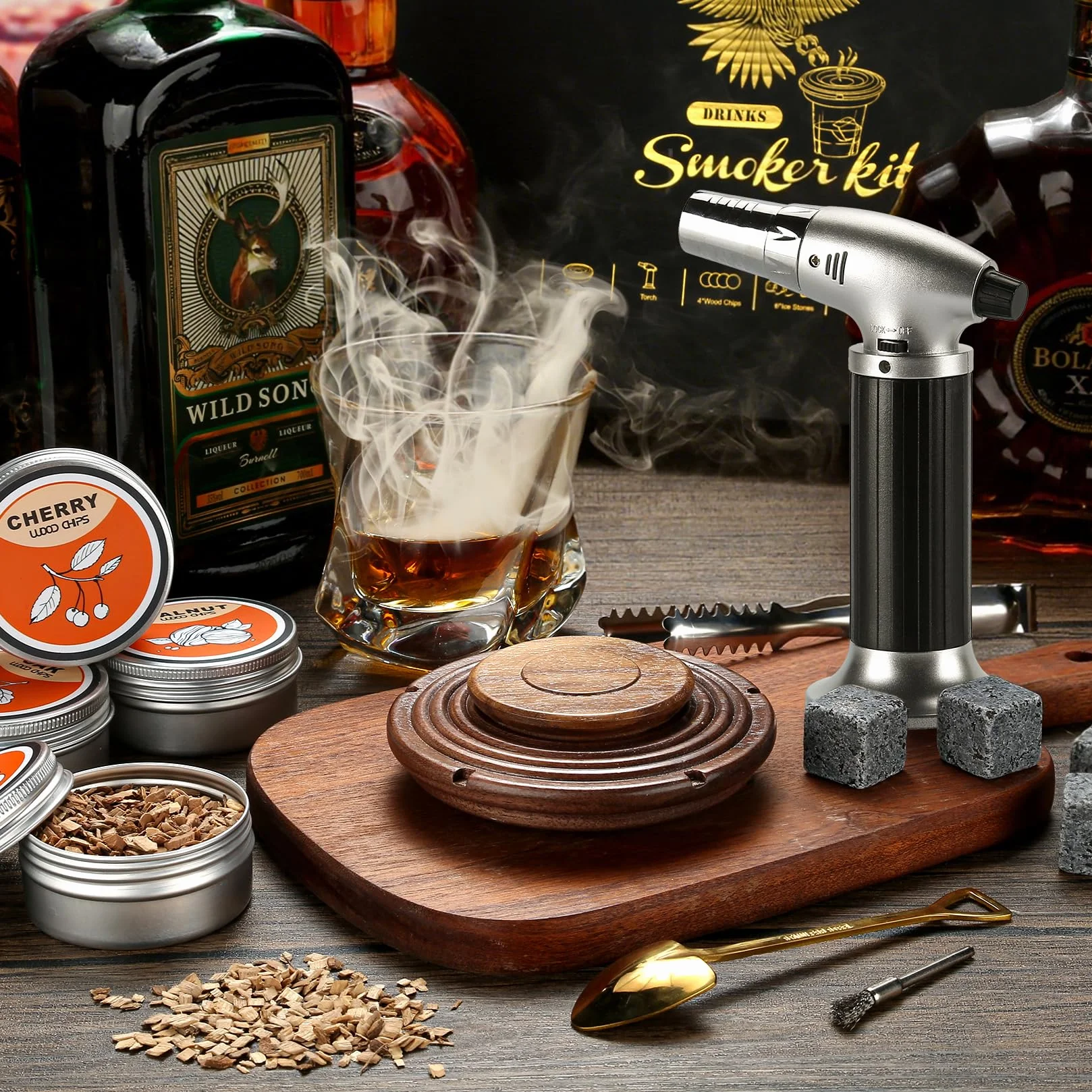 Walnut Kit de Ahumador de Cóctel con Mechero Madera para Whisky Bourbon Regalo
