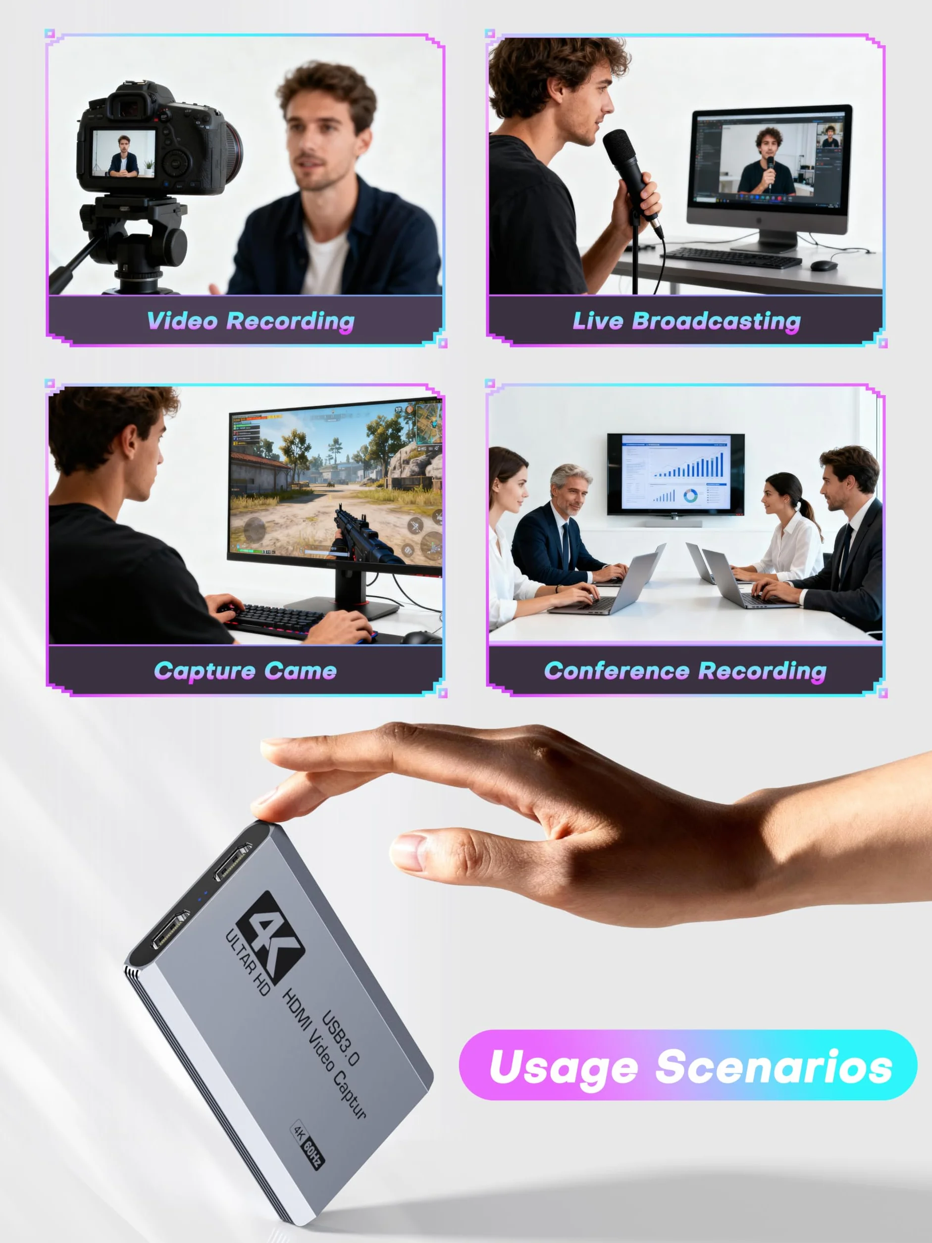 XIIXMASK Tarjeta de captura de video, tarjeta de captura USB 3.0 4K HDMI Loop-Out, 4K 60FPS/1080P 240FPS captura de videojuegos para PS5/cámara/PC/transmisión