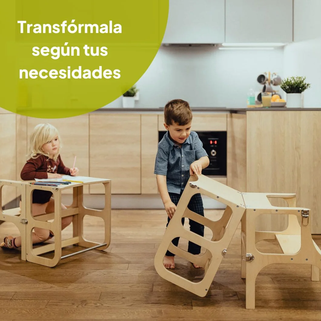 Ette Tete Step’n’Sit® Montessori Torre Mesa de Aprendizaje Convertible 2 en 1 con Cierres de latón Antiguo Madera