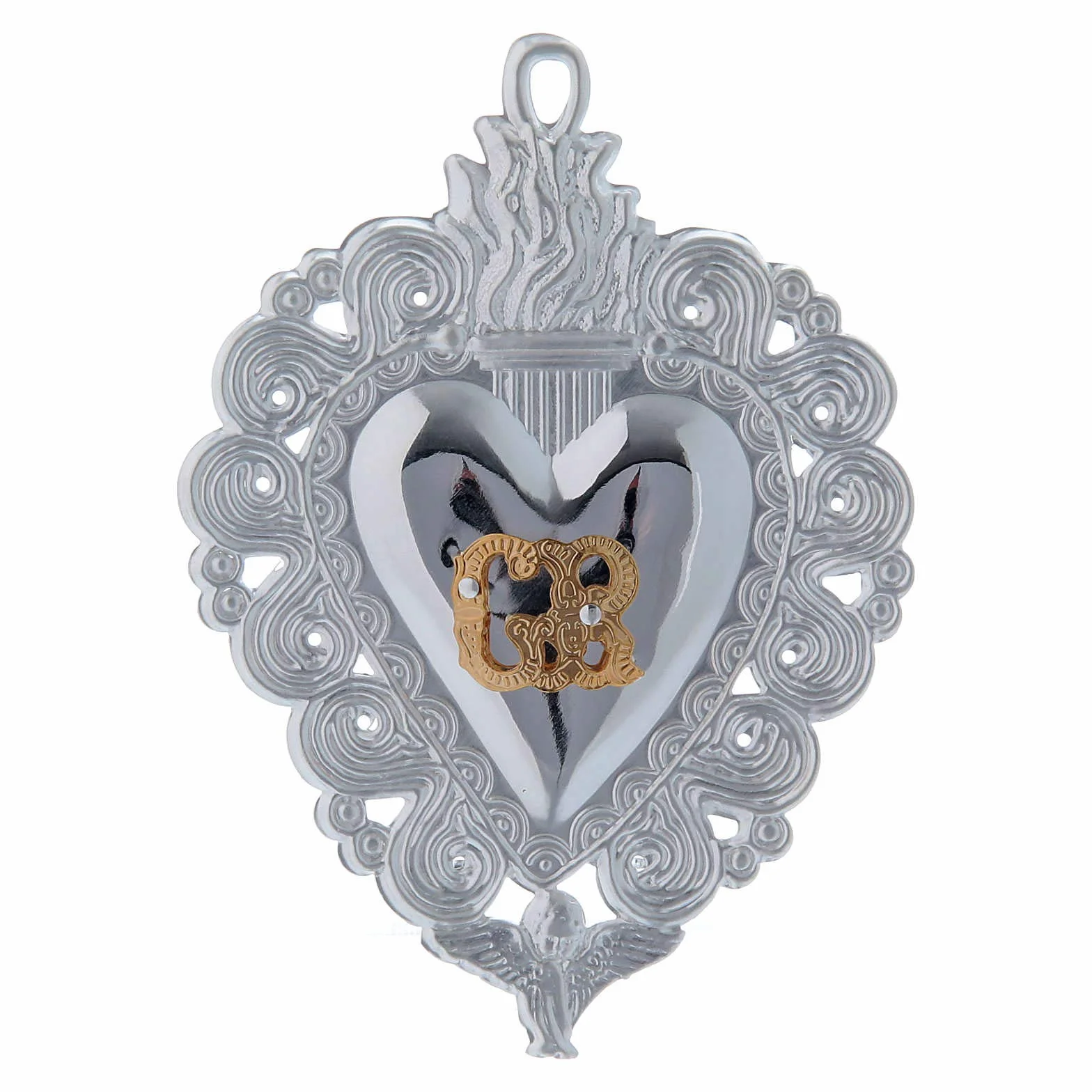 Exvoto Corazón Llama y ángel 9.5 x 7.5 cm Plata Holyart