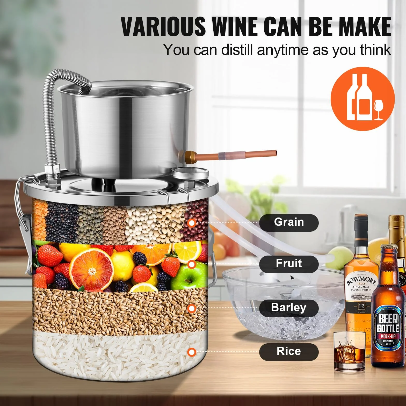 VEVOR Destilador de Alcohol de Acero Inoxidable 11,4 L Kit Fermentación Cerveza Casera con Termómetro Doble Pantalla