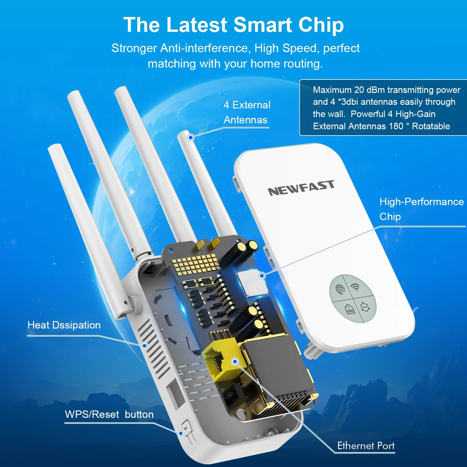 NEWFAST Repetidor WiFi Amplificador Señal WiFi 1200Mbps 5GHz Extensor Wi-Fi para Casa/Oficina, AC1200 Wi-Fi Extender Doble Banda 4X Antenas de Alta Ganancia, Puerto Ethernet, 5 Modos, WPA/WPA2
