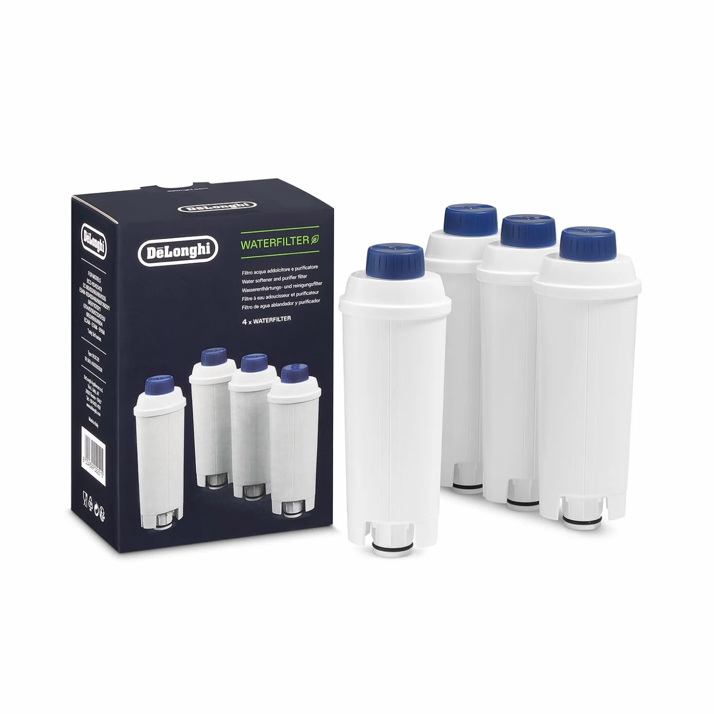 De'Longhi Filtro de Agua para Máquina de Café, Filtro Descalcificador, Filtro de Repuesto para Máquina de Café Automática Serie Ecam, Paquete de 4 Filtros de Agua, DLSC321
