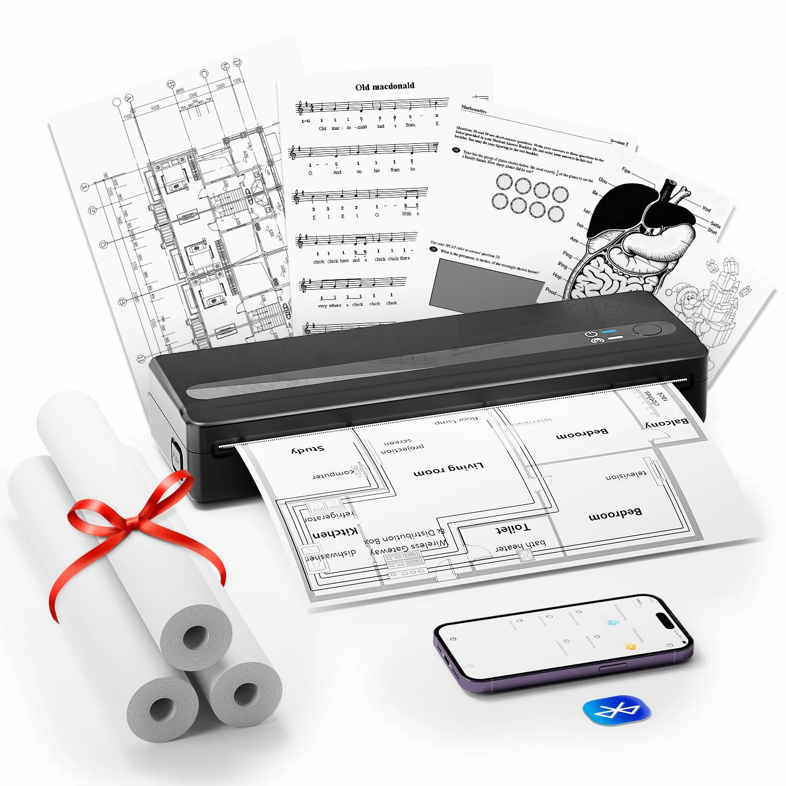 PB821 Impresora Térmica Portátil, Impresora Portátil A4 para Viajar, Oficina, Escuela, Casa, Compatible con Smartphones y Ordenadores, Impresora A4 Bluetooth con 3 Rollos de Papel