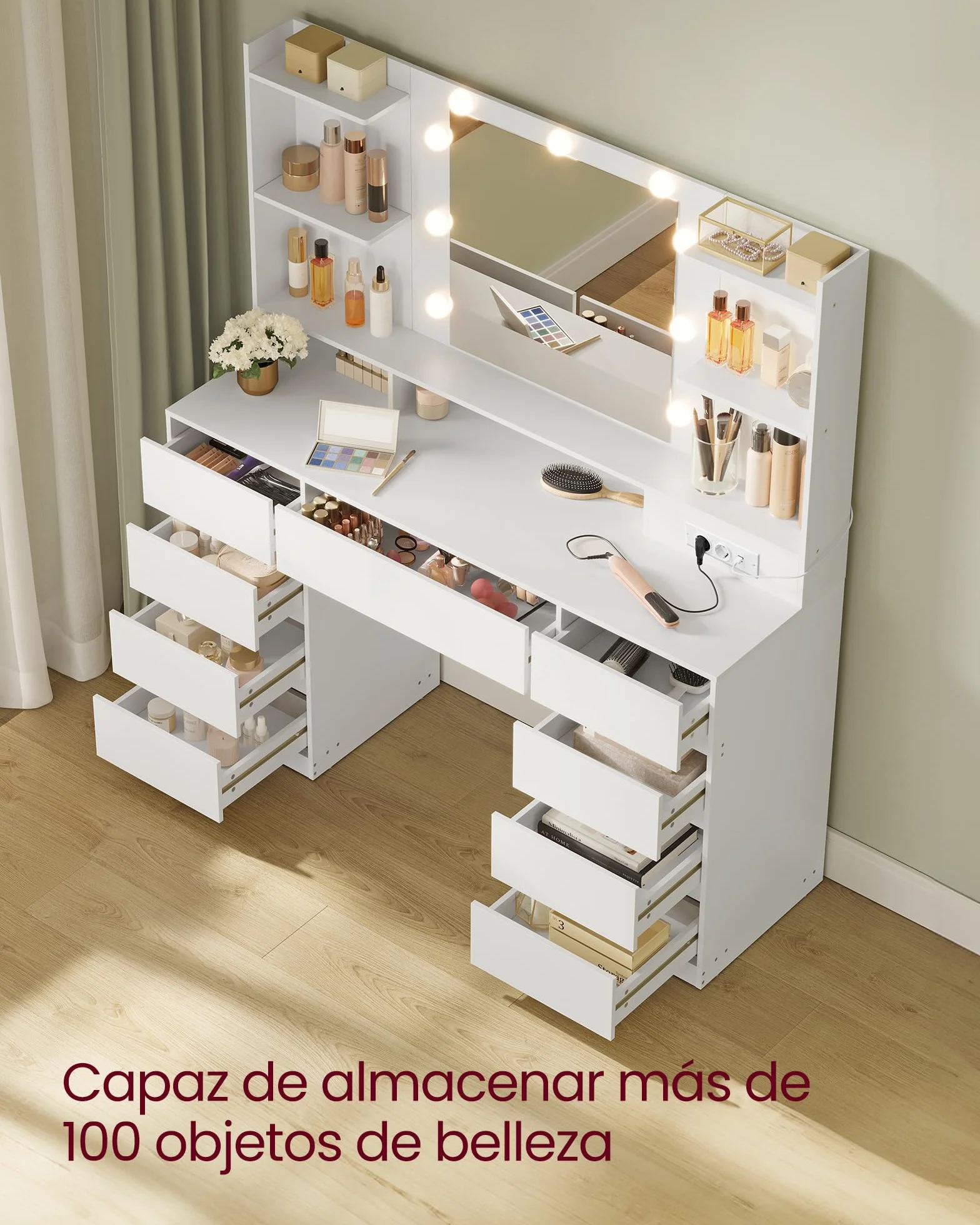 VASAGLE Kailyn Tocador con Espejo LED Regleta 9 Cajones Bombillas Regulables Iluminación 3 Colores Blanco Nube