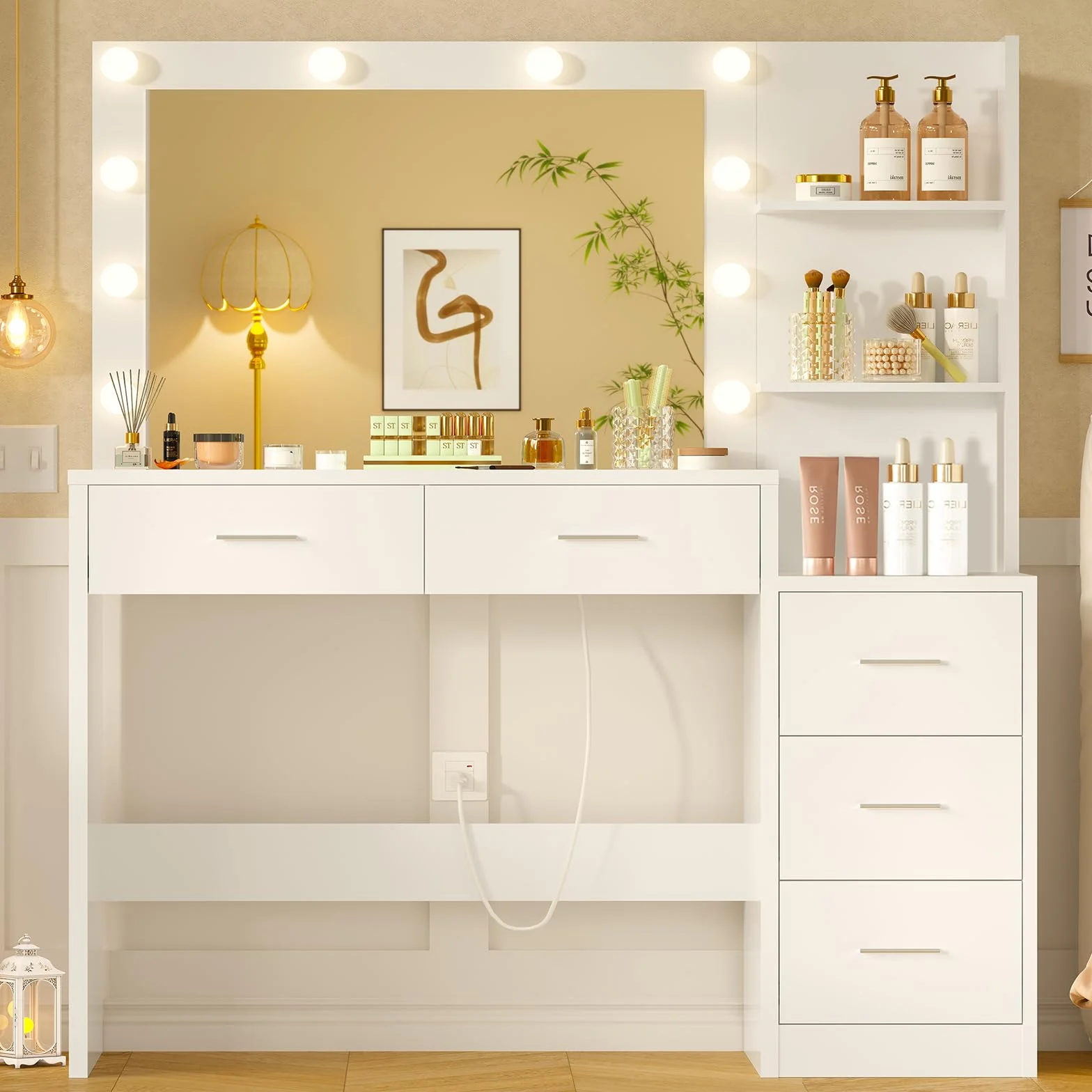 FIONESO 110cm Tocador de Maquillaje con Espejo Grande y Luces LED, Mesa de Maquillaje con 5 Cajones, 2 Estantes Abiertos, para Niñas, Blanco