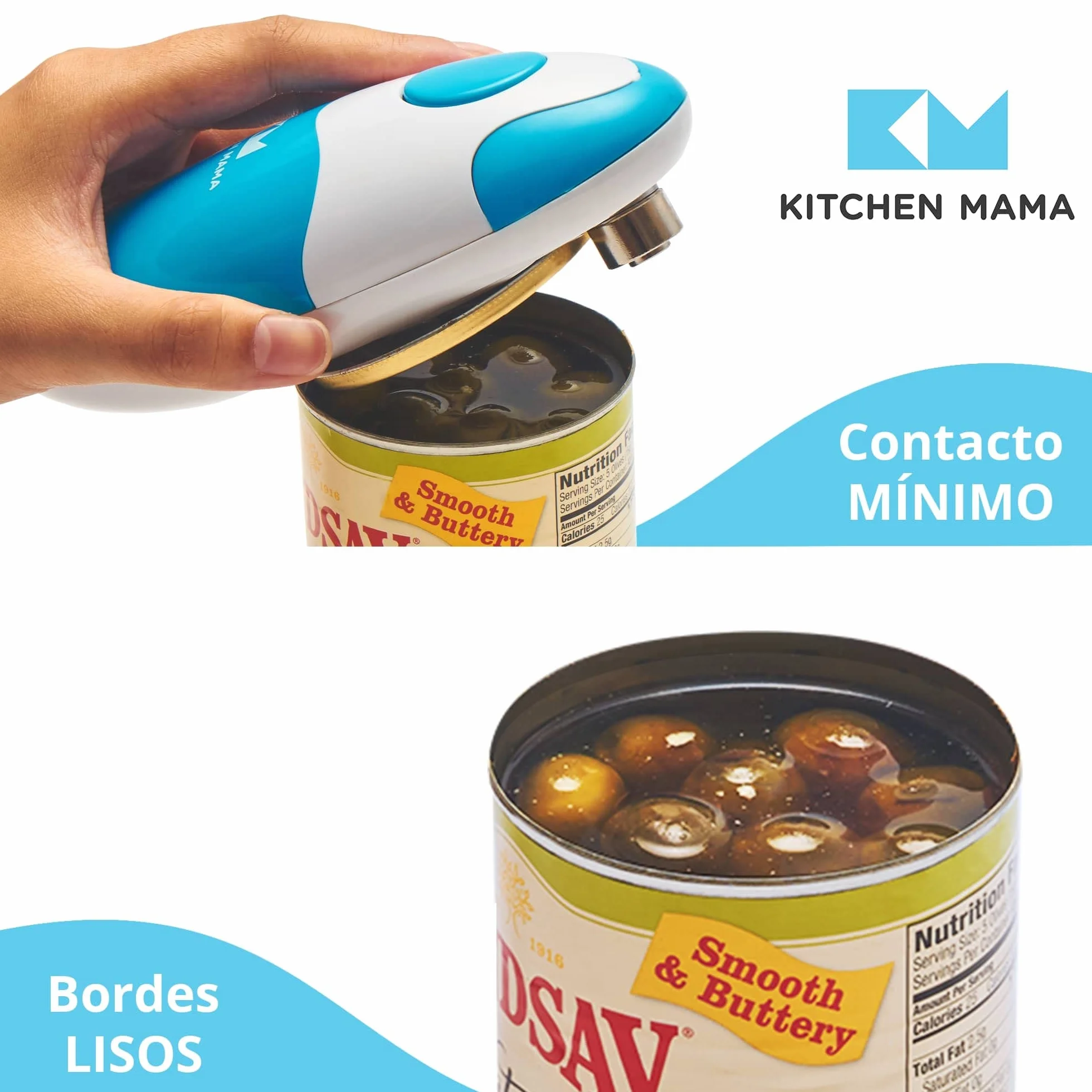 Kitchen Mama Abrelatas eléctrico Auto, automático, manos libres, borde liso, apto para alimentos, funciona con pilas (Azul cielo)