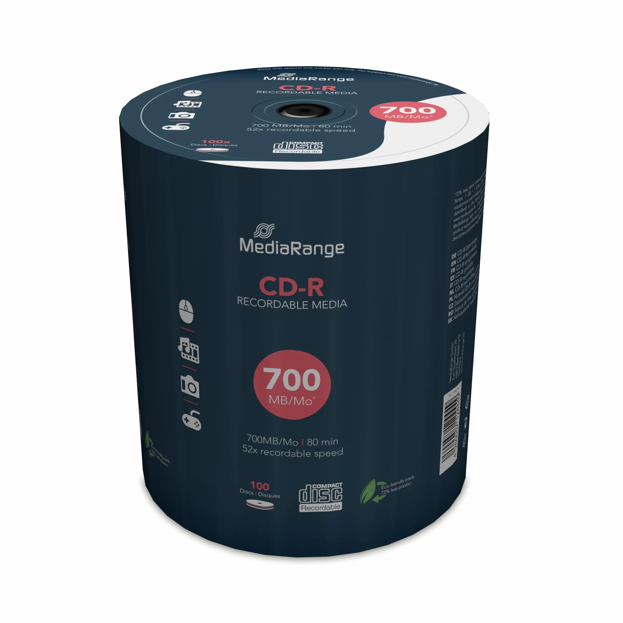 Media Range Cake Box Caja de Discos CDR80 de 700 MB 52X, Blanco y Azul