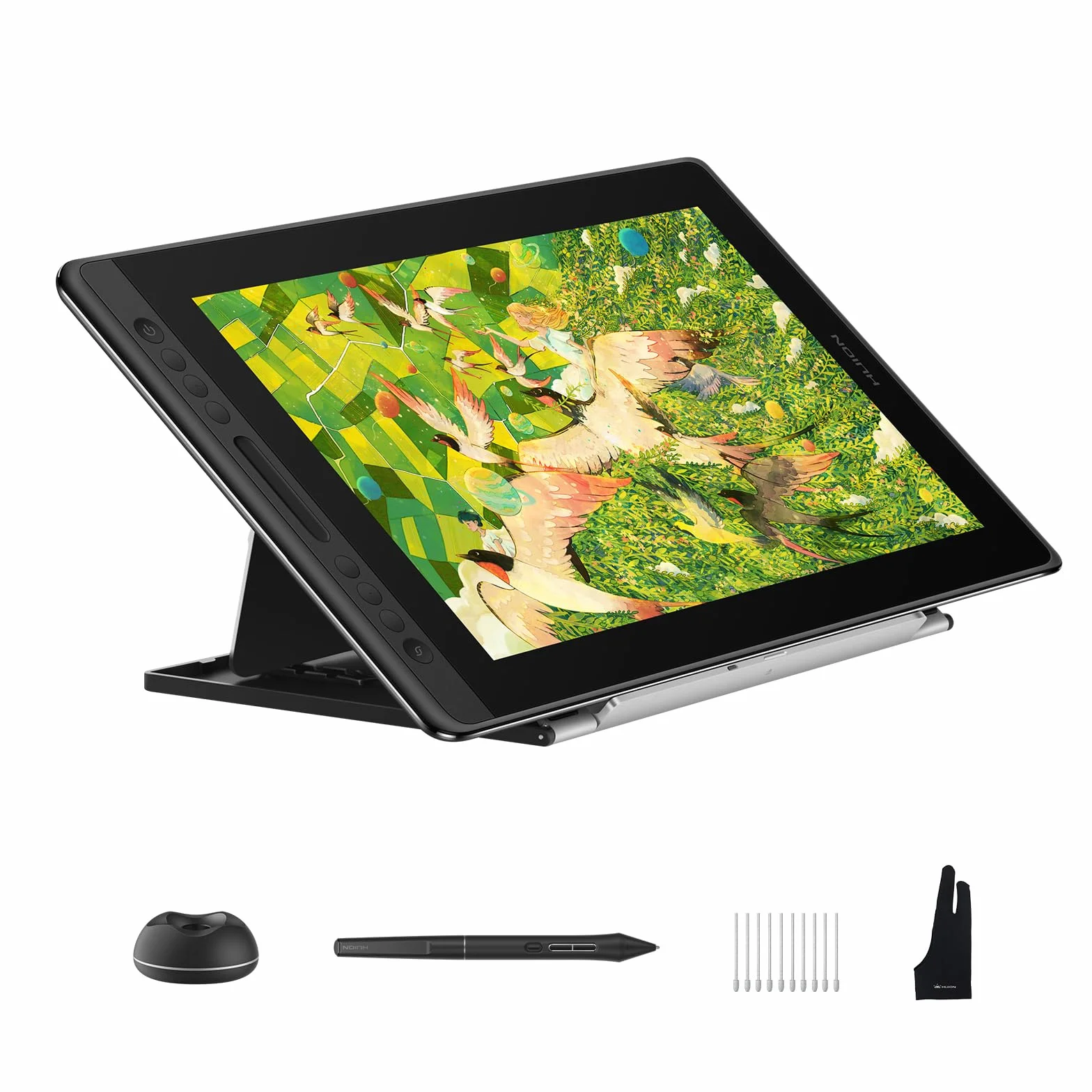 HUION Kamvas Pro 16 V2 - Tableta de dibujo con pantalla 16384 niveles sin batería, soporte de inclinación de lápiz 2 g IAF, vidrio AG laminado completo de 15.6 pulgadas, barra táctil inteligente y