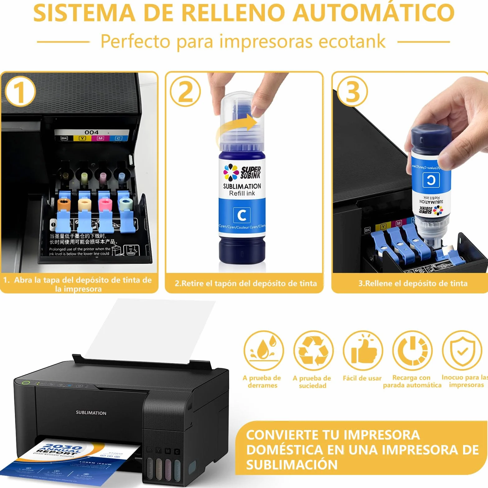 Tinta sublimacion Compatible EcoTank 1810 2810 ET-2850 2830 2815 4810 Impresora (Autofill/ICC-Free/Anti-UV)