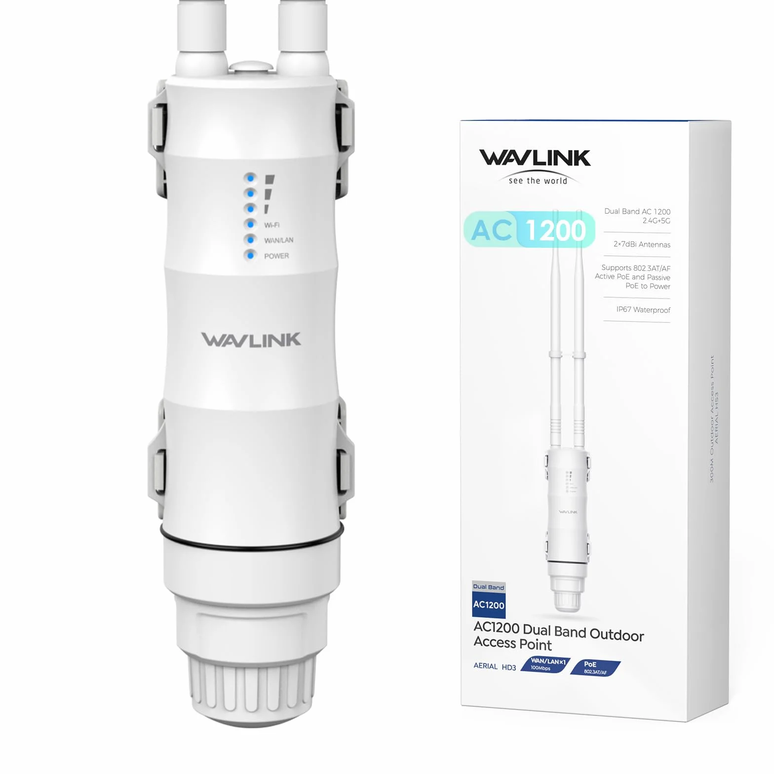 WAVLINK AC1200 Repetidor WiFi Exterior Largo Alcance PoE - Amplificador de Señal Doble Banda 2.4G+5G IP67 Impermeable, Punto de Acceso Outdoor con Antenas Potentes, Ideal para Jardín Piscina Parking