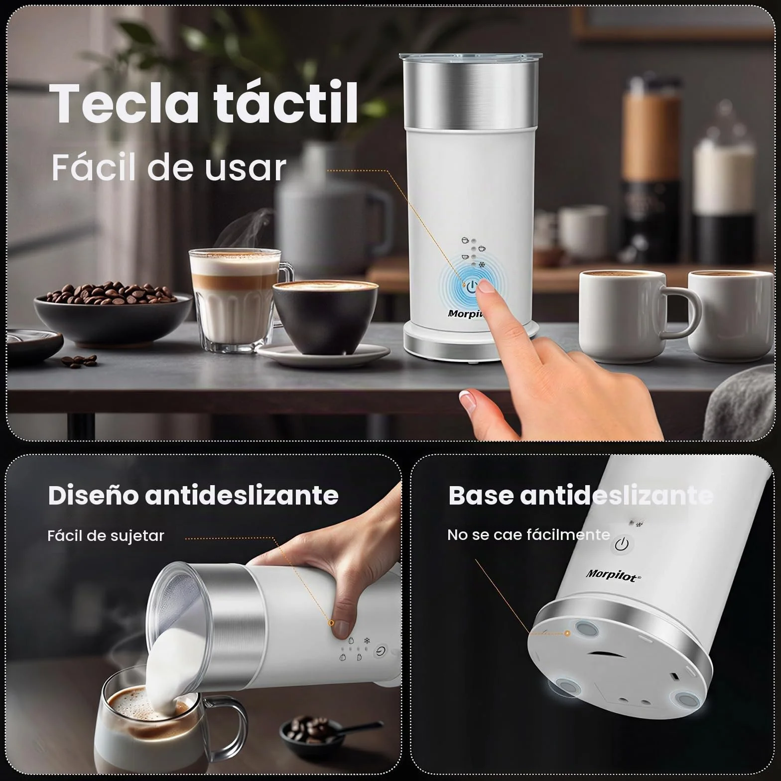 Morpilot Espumador de Leche Eléctrico Automático, 4 en 1, Acero Inoxidable, Blanco