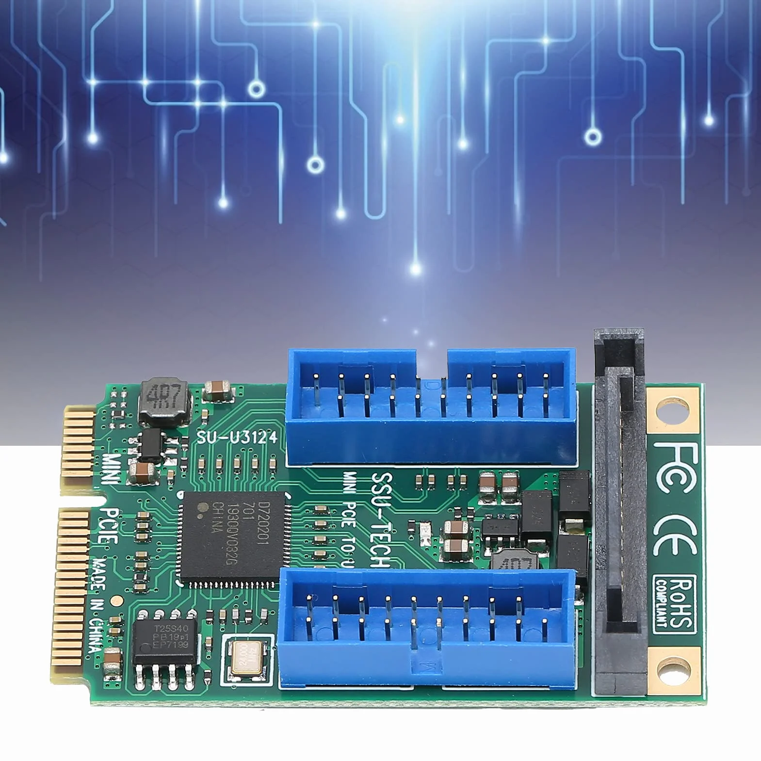 Bewinner Tarjeta Adaptadora Mini PCI-E a USB 3.0, Tarjeta Elevadora de Expansión de Panel Frontal USB 3.0 de 19 Pines con Cable de Alimentación, Convertidor de Puerto Interno para XP/2003/Vista