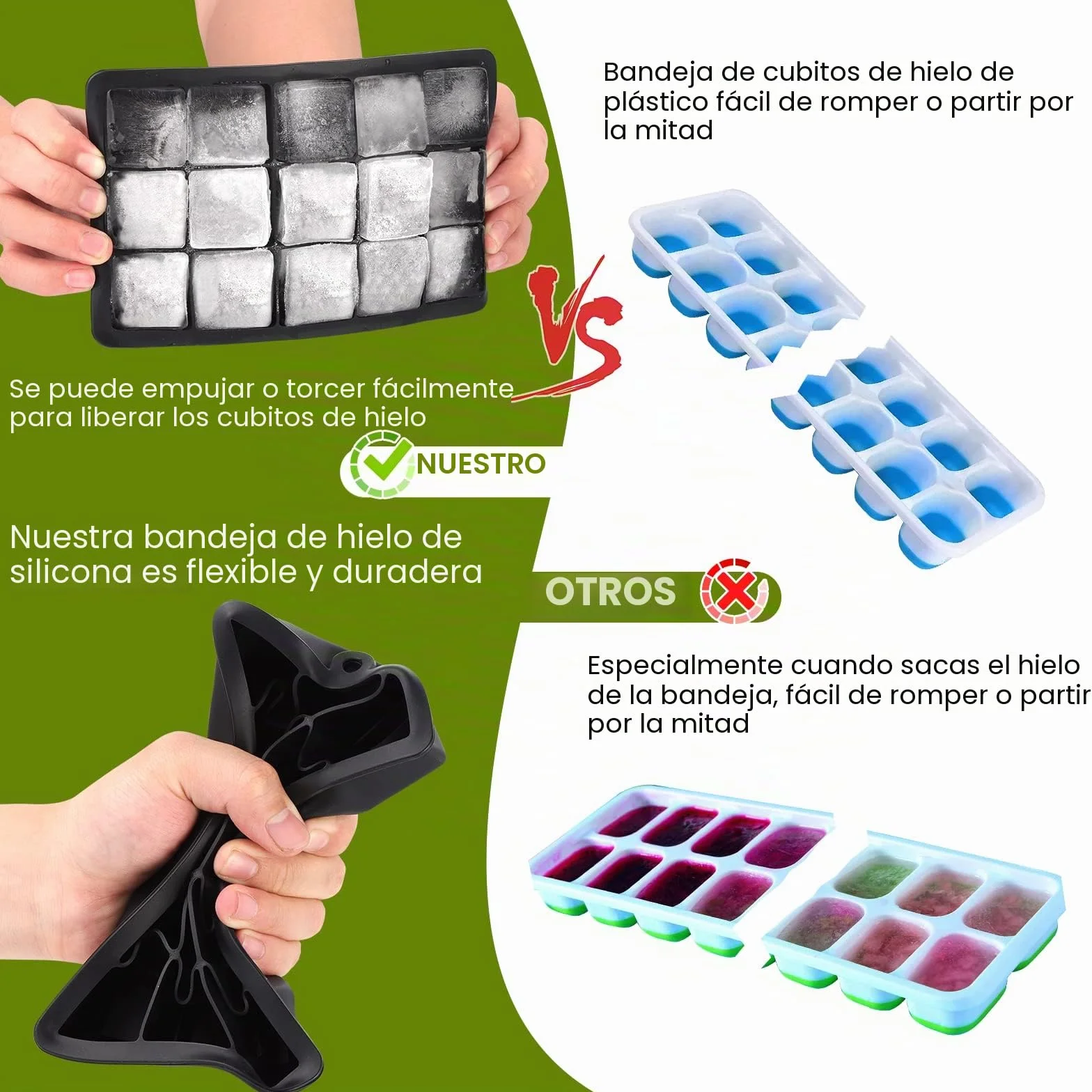 Bandejas de Cubitos de Hielo Silicona con Tapa, 3 Piezas, Moldes Cuadrados Grandes de 3,5cm, 45 Cubos