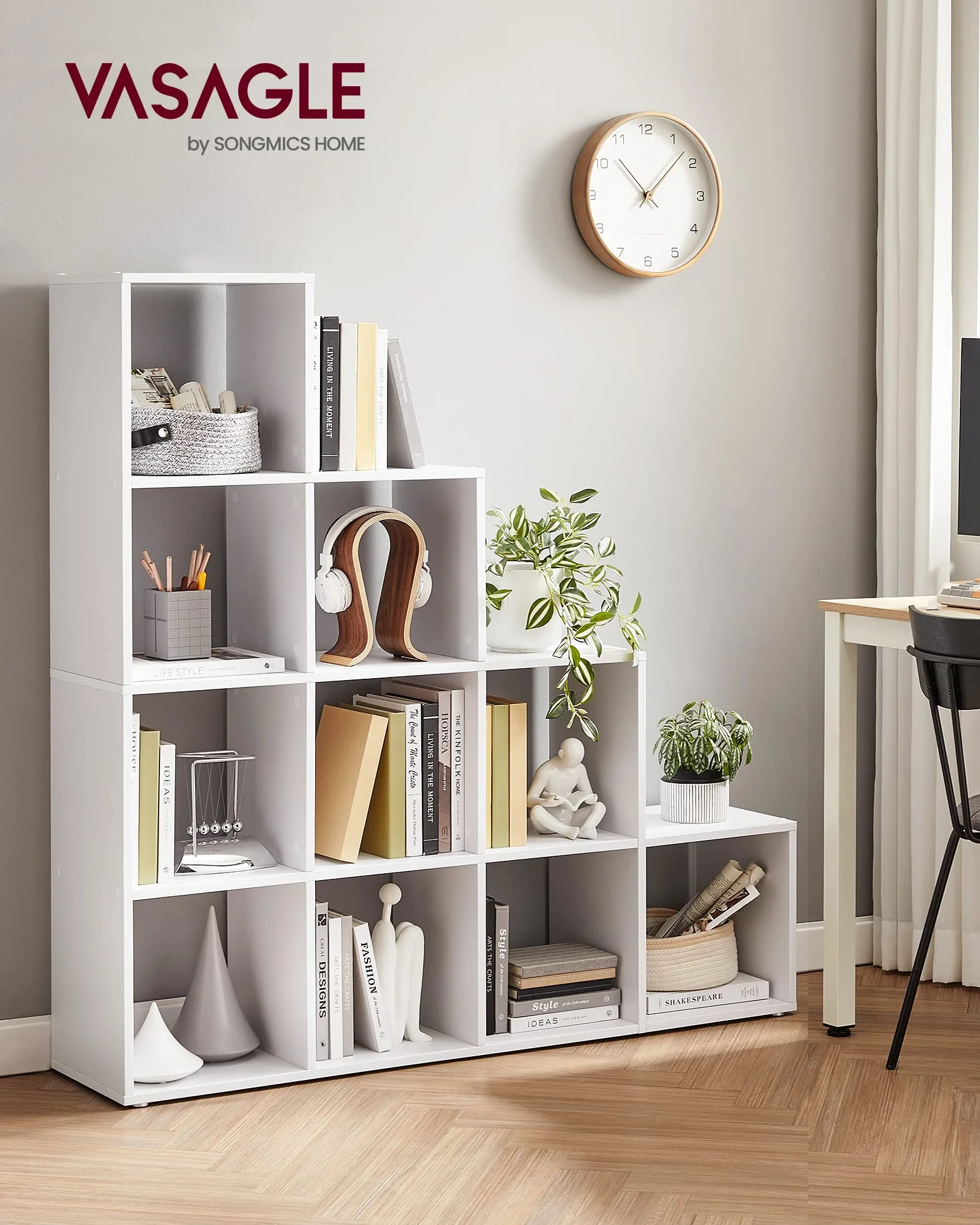 VASAGLE Librería 10 Cubos Estantería Libros Compartimentos Abiertos 29 x 129,5 x 129,5 cm Blanco Nube
