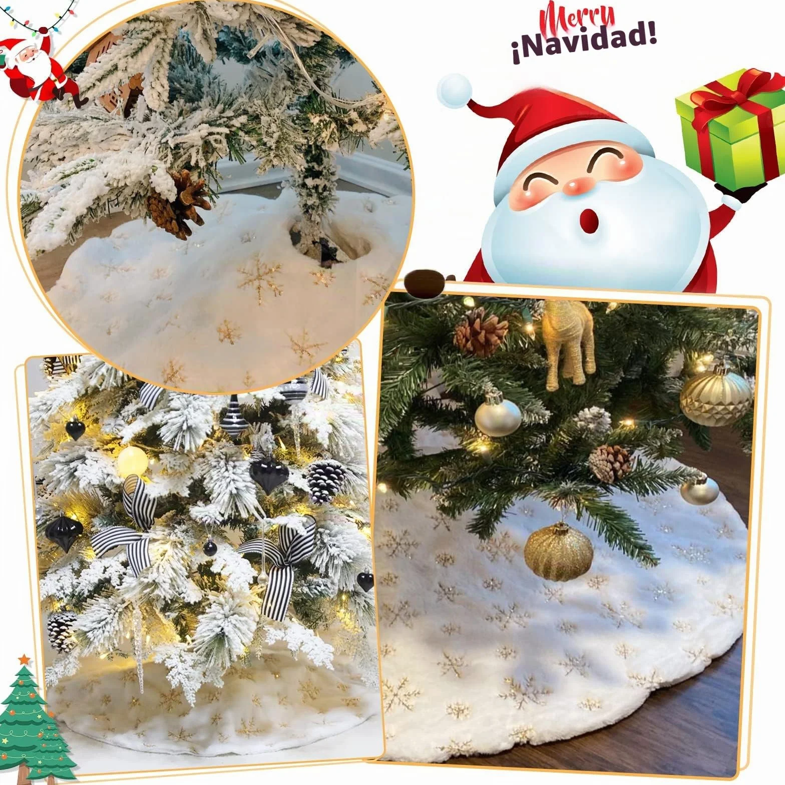 Falda para Árbol de Navidad de Felpa Blanca Suave 90 cm Copos de Nieve Dorados Extra Gruesa