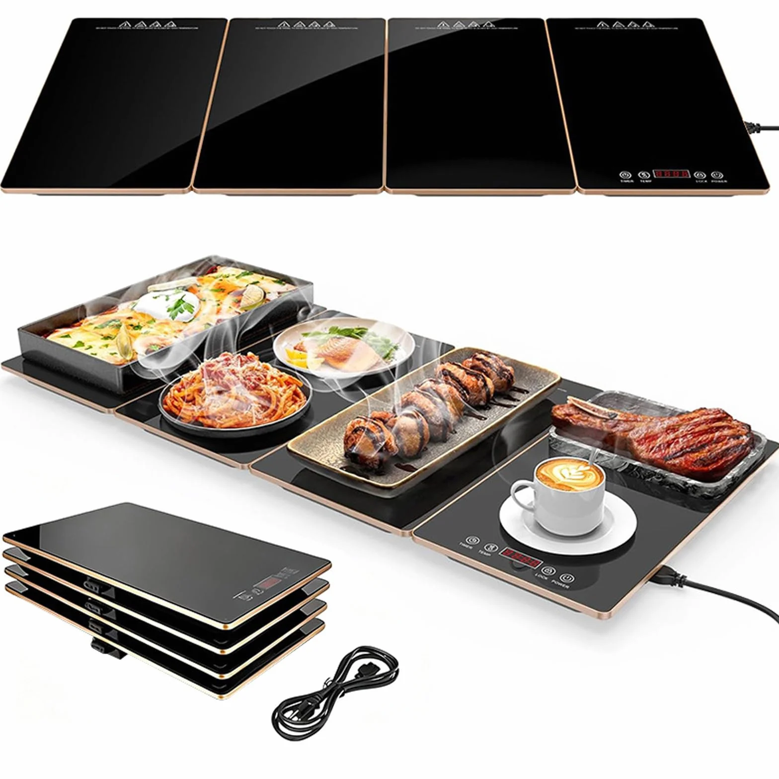 Bandeja de Calentamiento Eléctrica 8 Niveles Temperatura Temporizador 88 cm Expandible 4 en 1 para Fiestas Catering