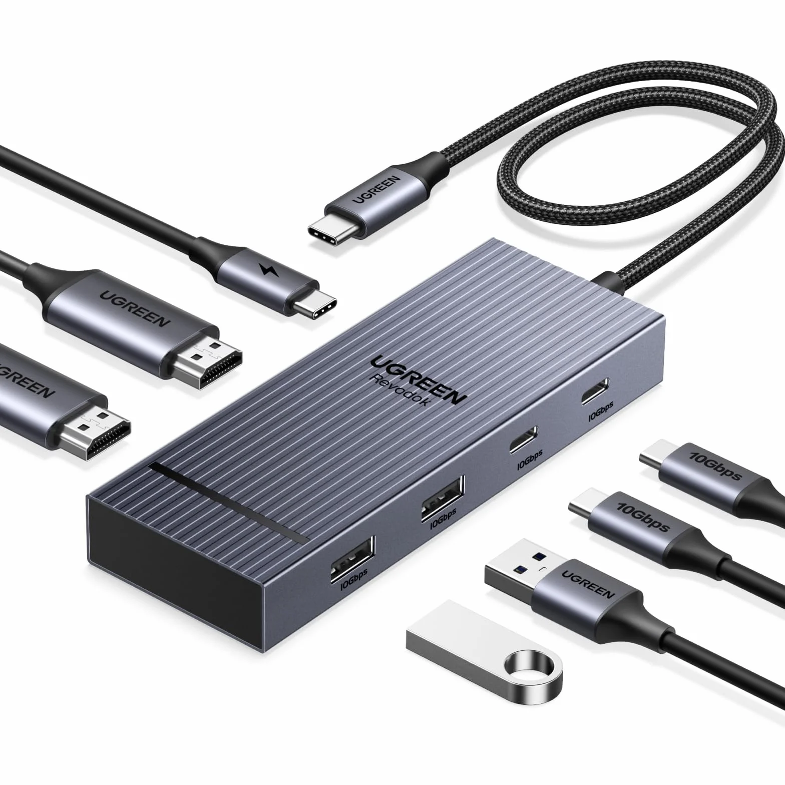 UGREEN Revodok Pro 207 10Gbps Docking Station Hub USB C 2 HDMI 4K 60Hz PD 100W 7 en 1 Dock Adaptador Tipo C 3.2 Extensione de 2 Pantallas Diferentes para Windows 11 10 MacBook Pro Air M4 M3 M2 M1
