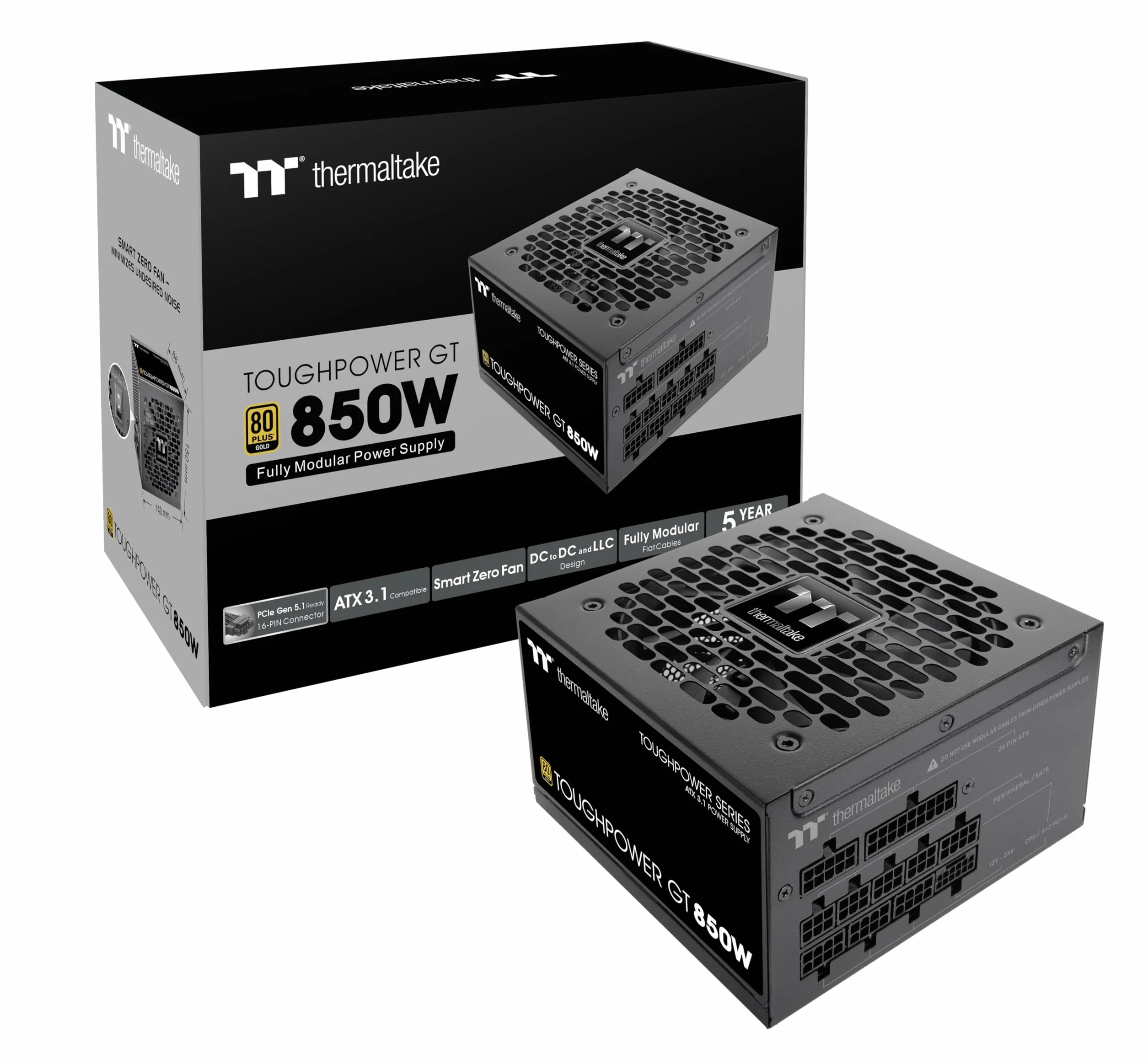 Thermaltake Toughpower GT 850W | Fuente de Alimentación Totalmente Modular ATX 3.1 | PCIe 5.1 12V-2x6 Nativo | 80 Plus Gold | Ventilador 120mm Silencioso | Smart Zero Fan | 5 Años Garantía | Negro